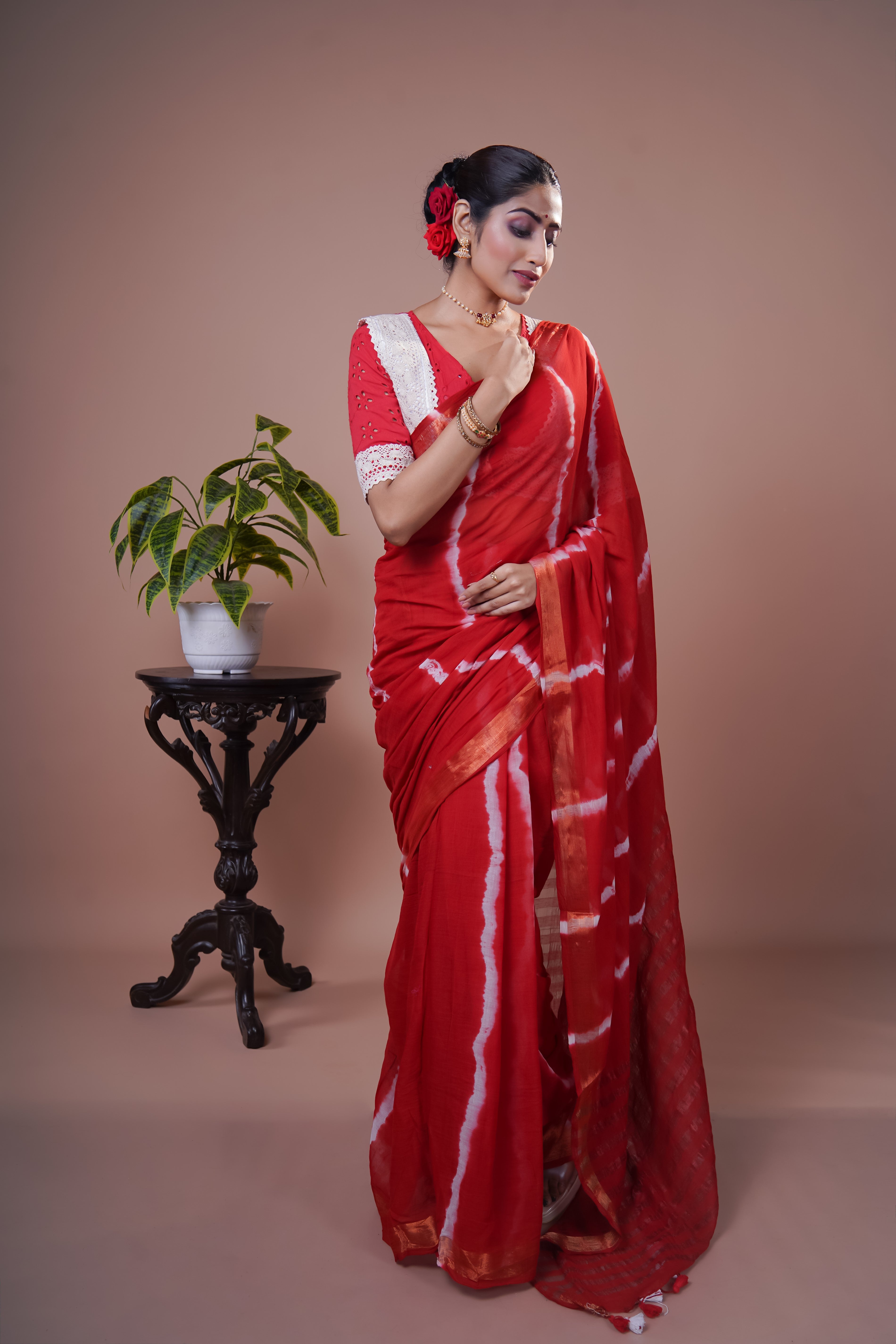 Red Shibori Print Pure Mulmul Cotton Saree