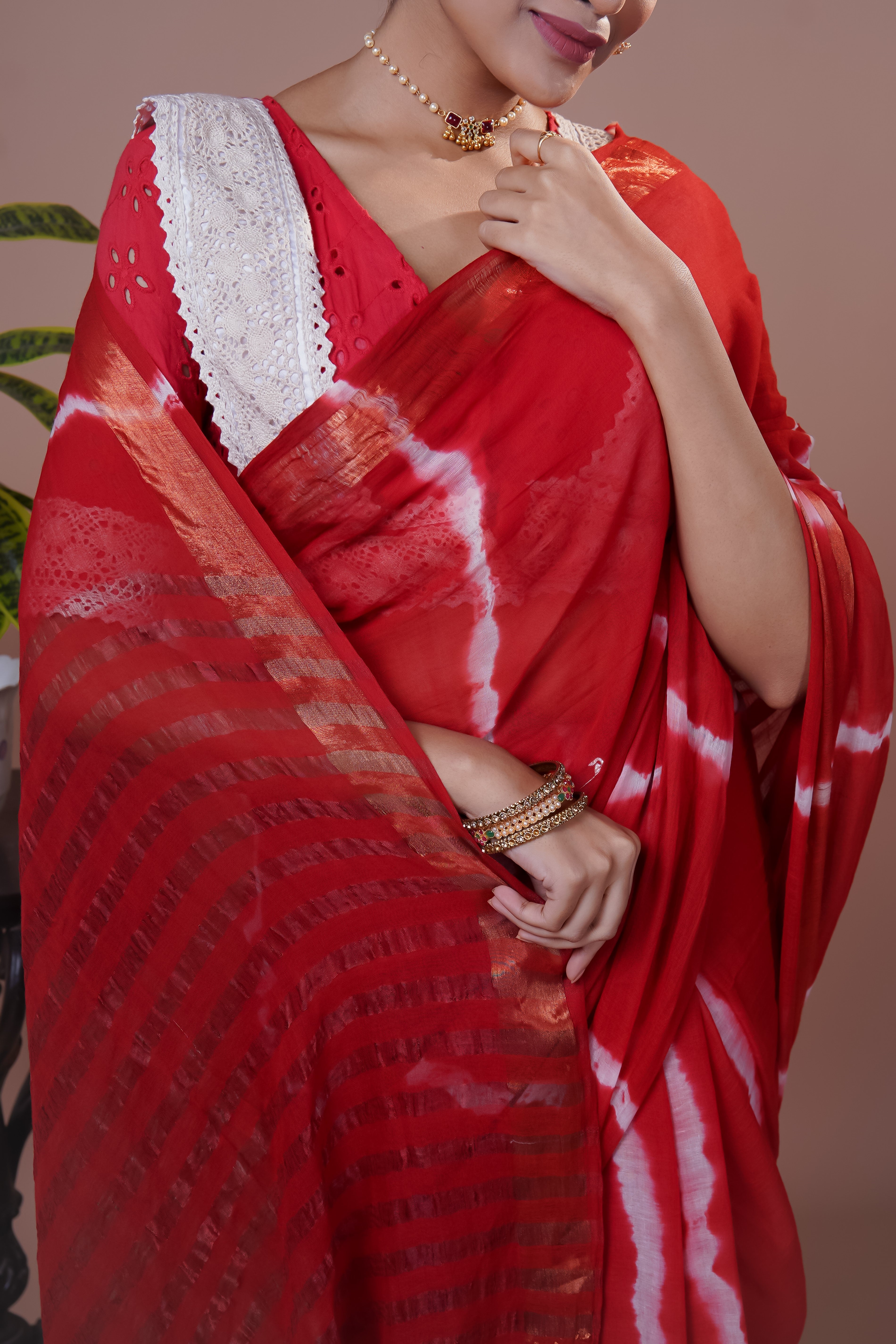 Red Shibori Print Pure Mulmul Cotton Saree