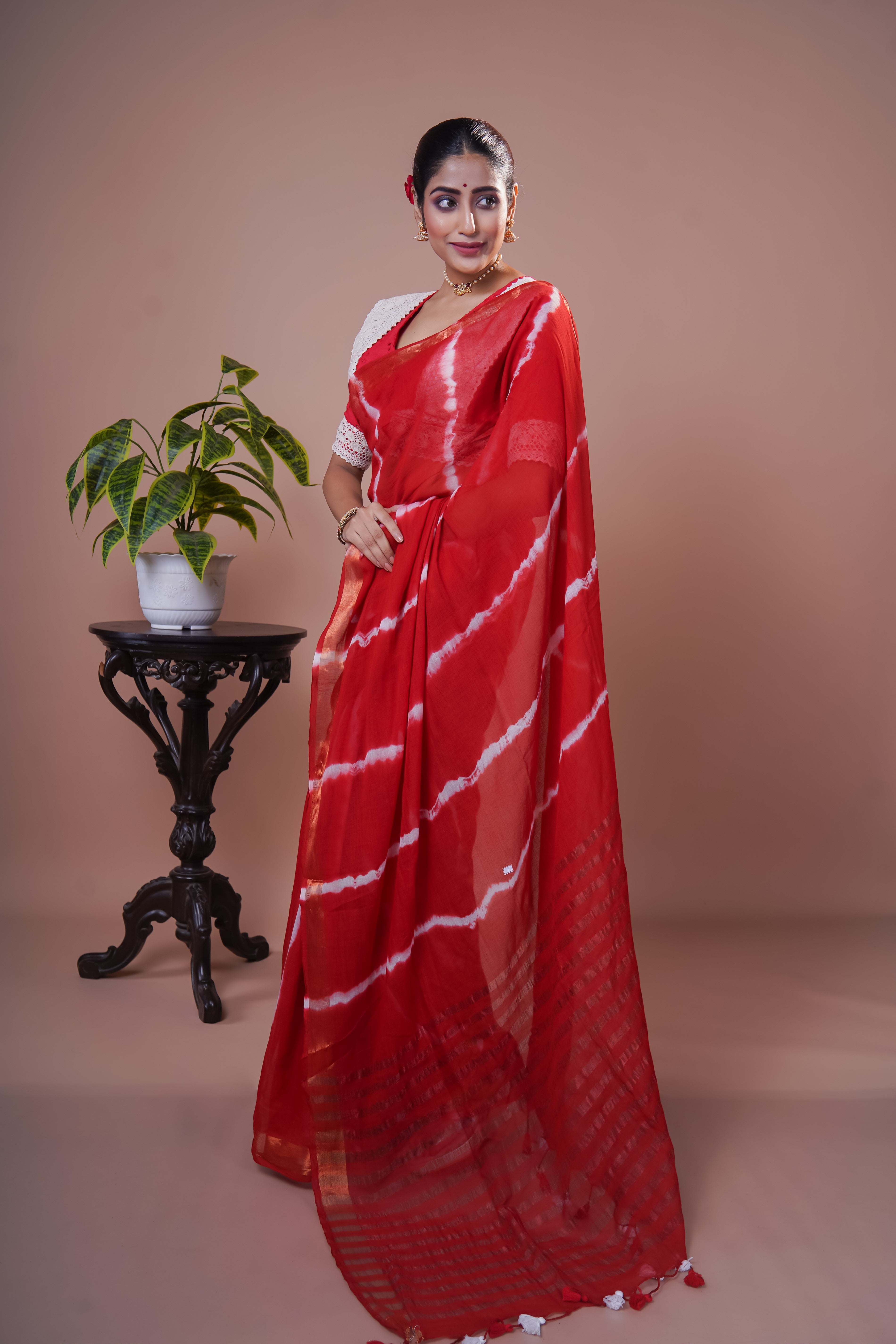 Red Shibori Print Pure Mulmul Cotton Saree