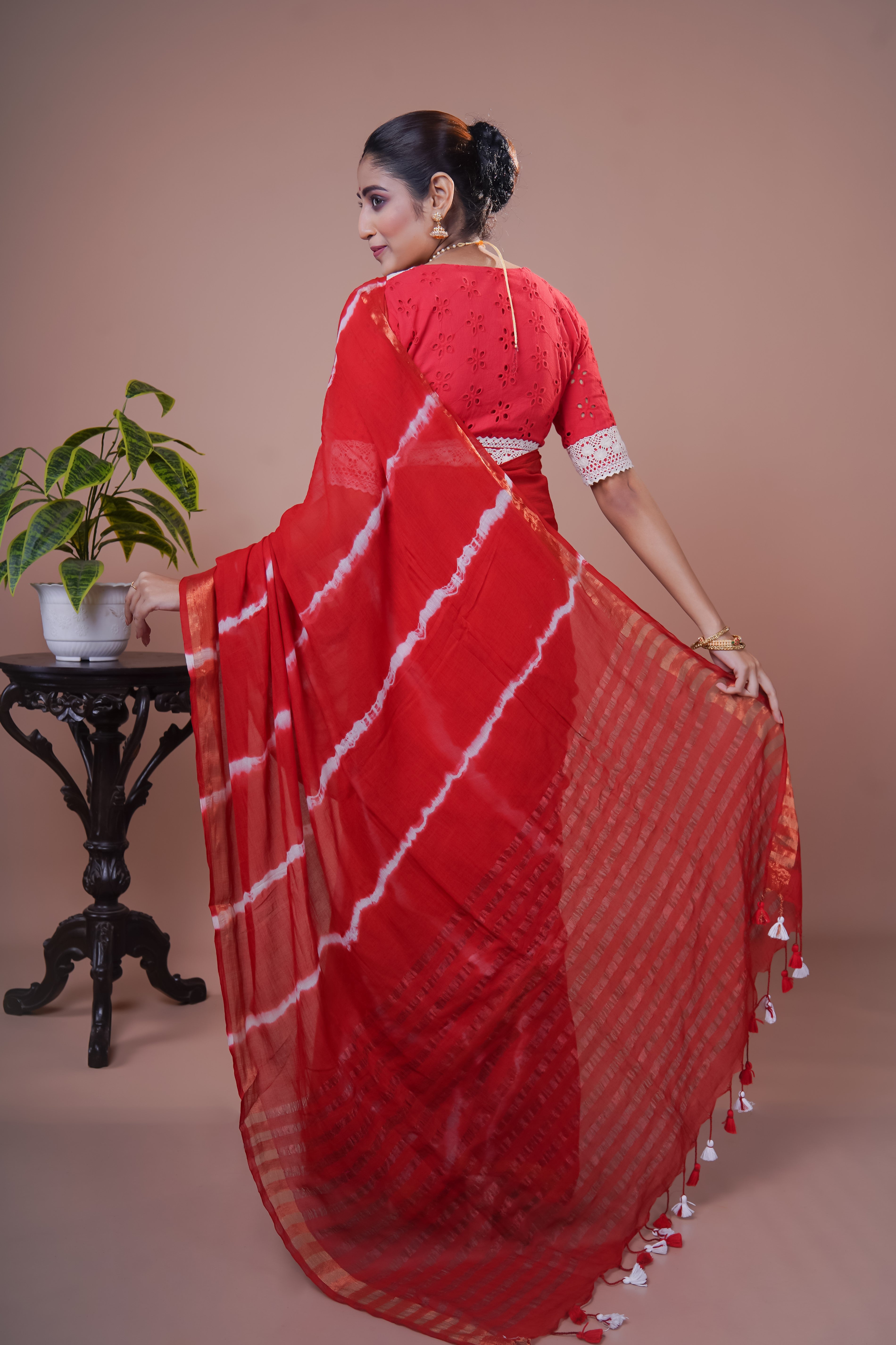 Red Shibori Print Pure Mulmul Cotton Saree