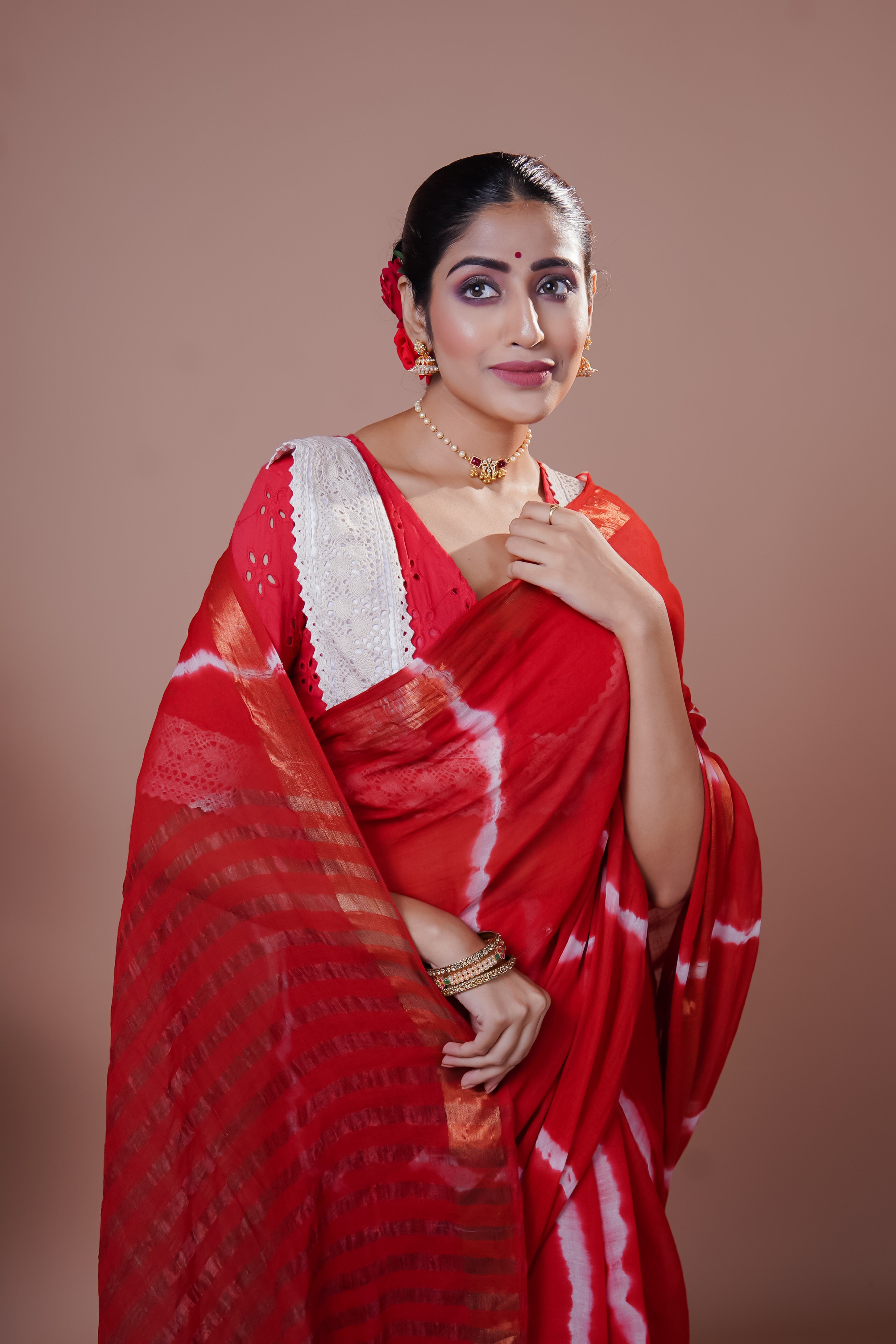 Red Shibori Print Pure Mulmul Cotton Saree