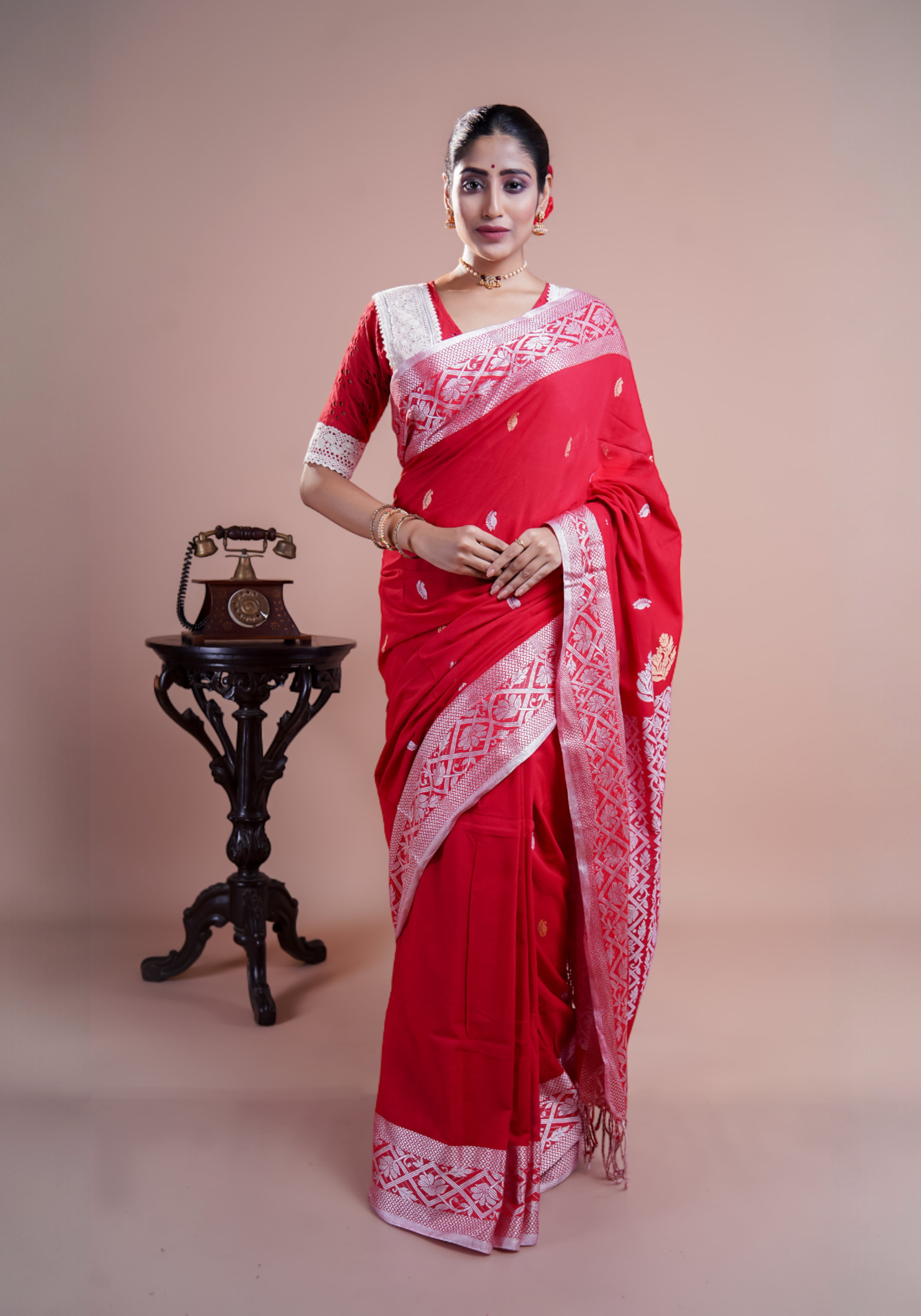 Red & white pure Mashrise Cotton handwoven saree