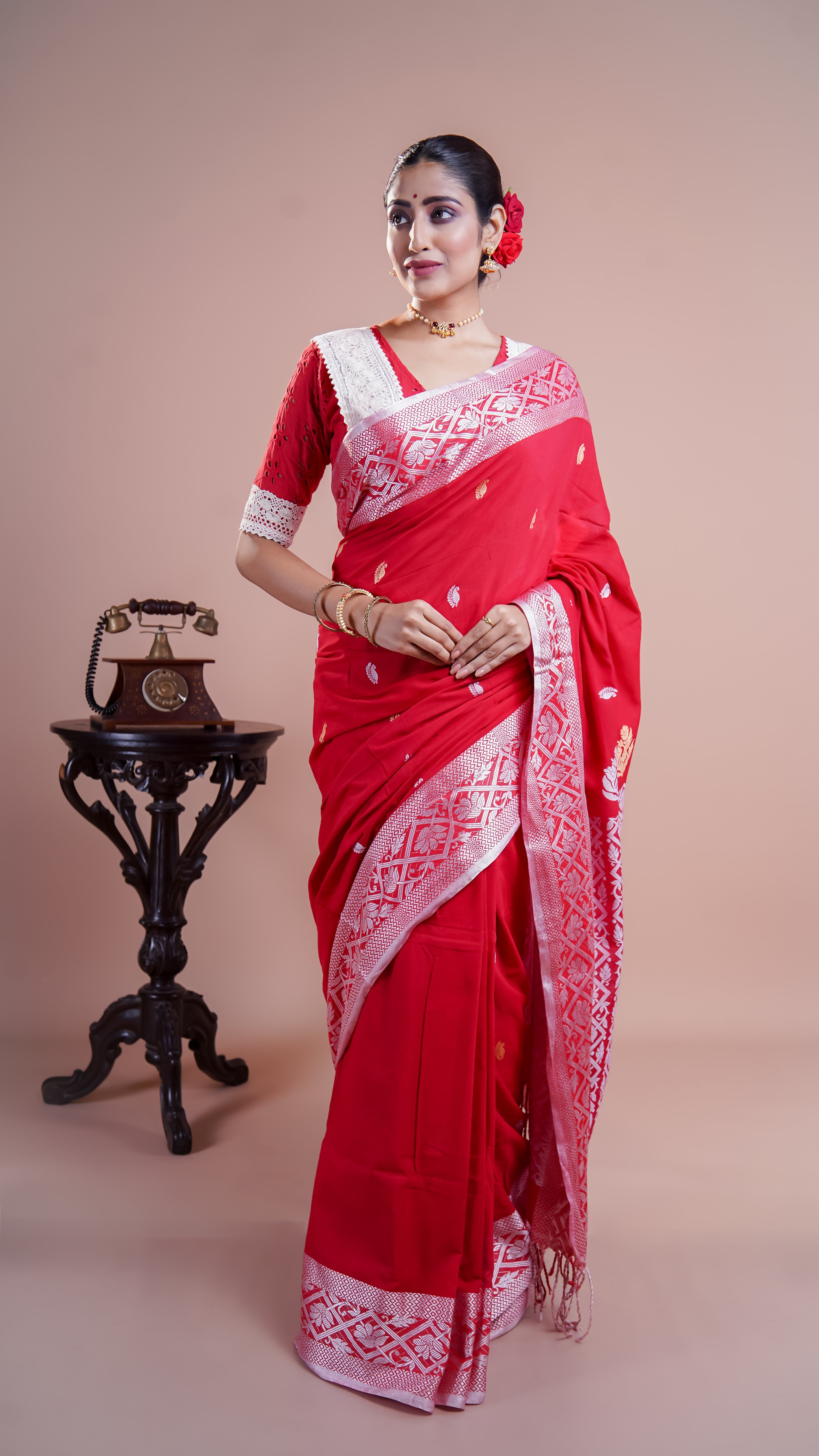 Red & white pure Mashrise Cotton handwoven saree