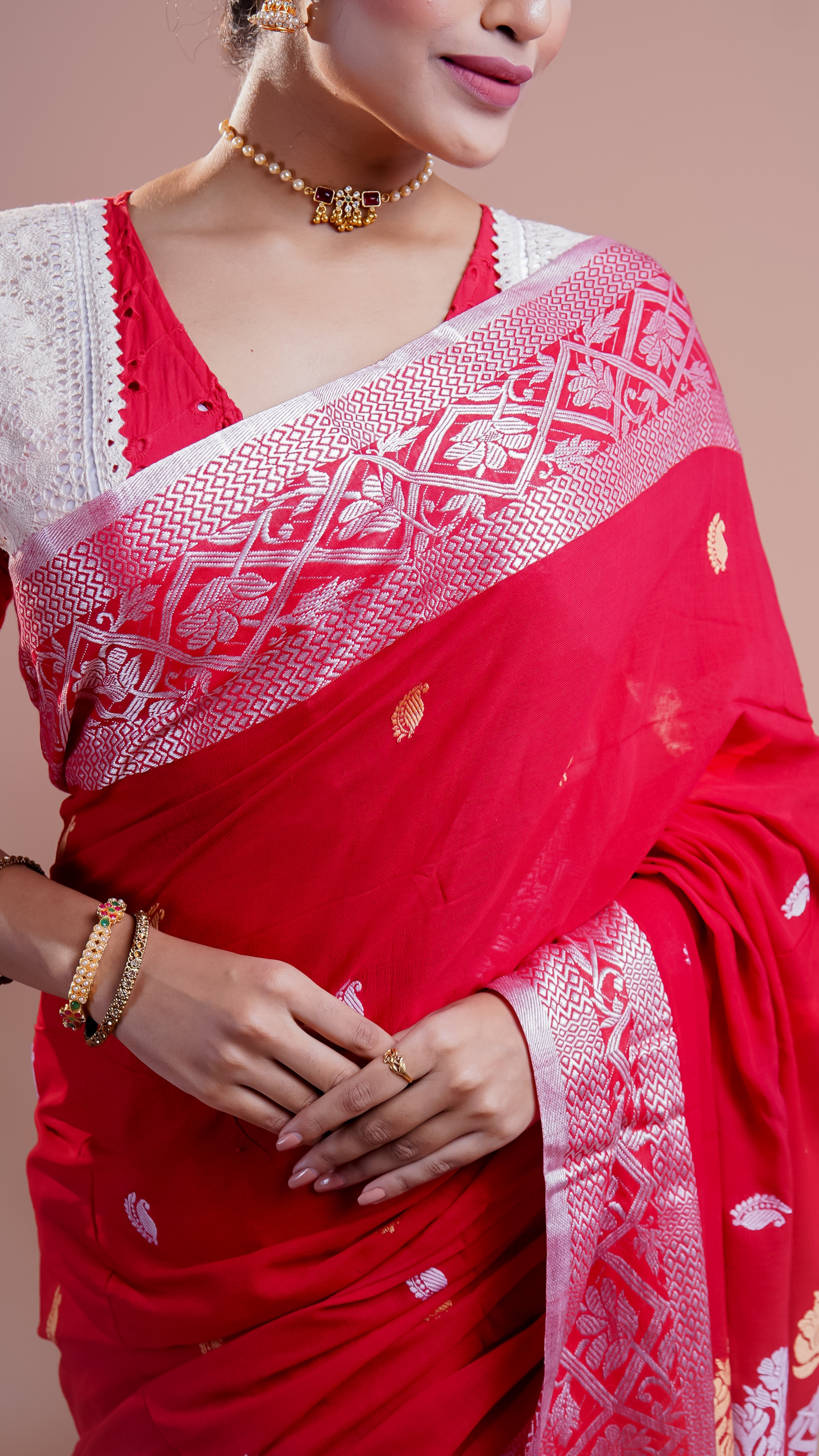 Red & white pure Mashrise Cotton handwoven saree