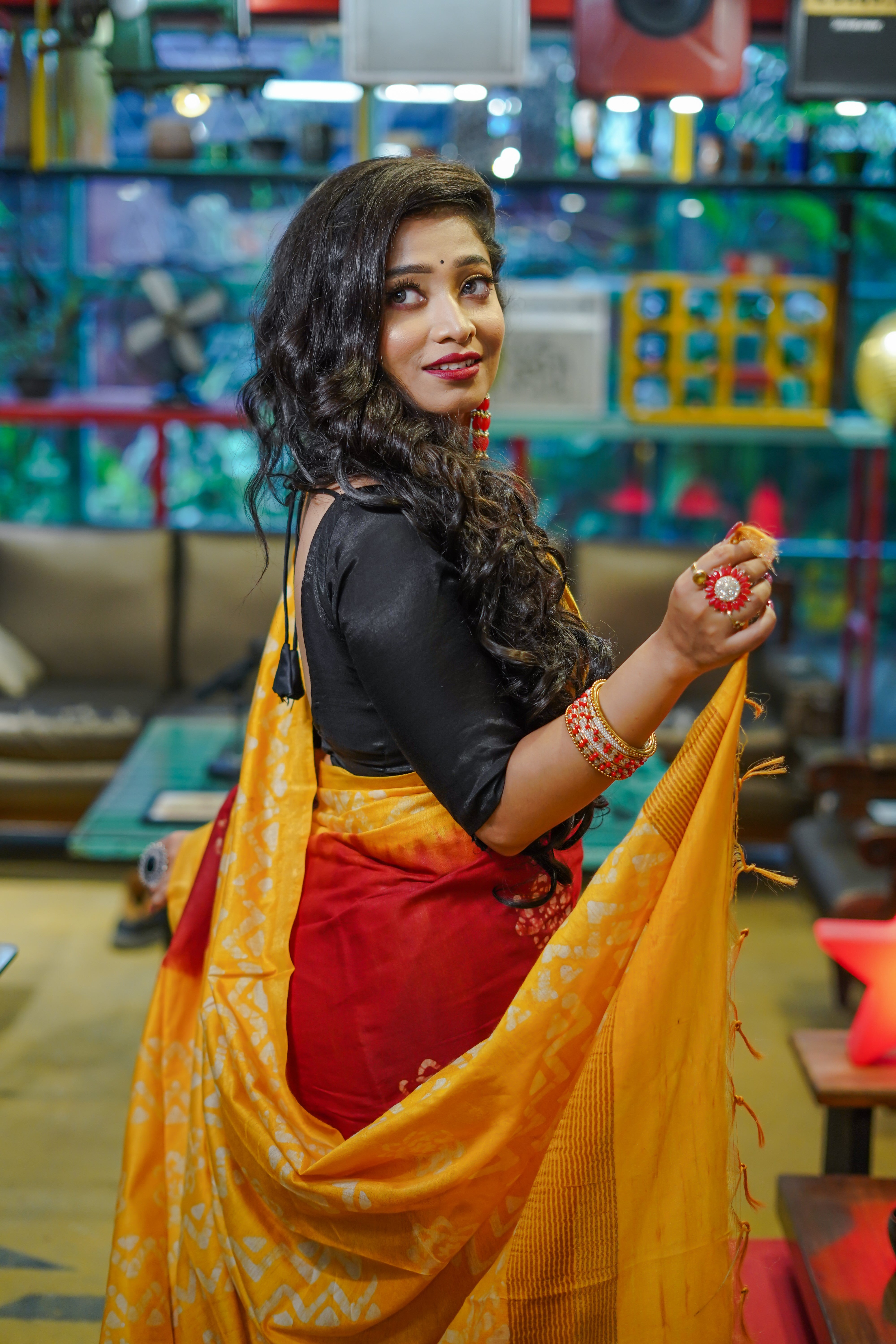 Red Batik Hand Block Pure Chanderi Silk Saree