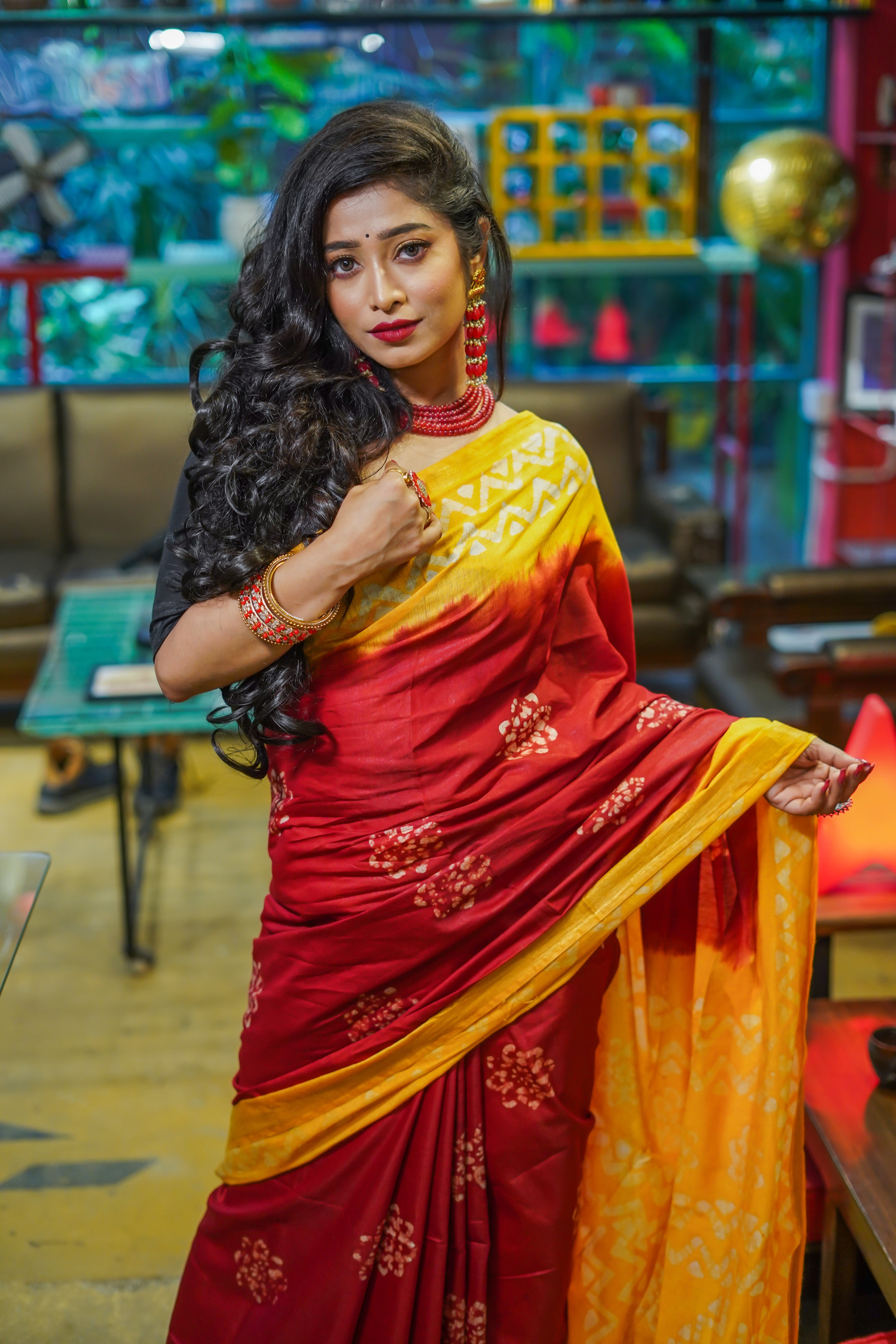 Red Batik Hand Block Pure Chanderi Silk Saree