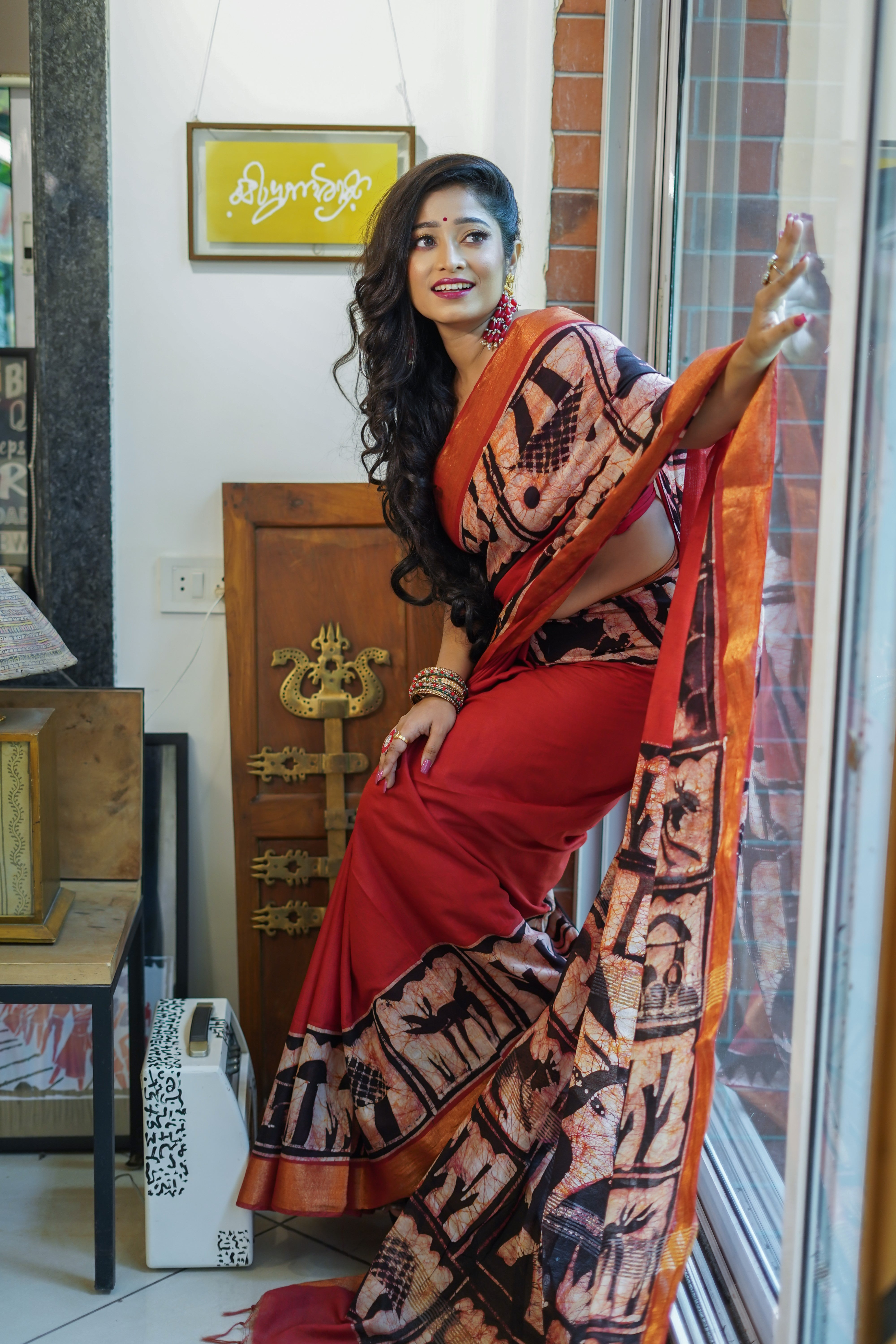 Red Hand Block Pure Chanderi Silk Saree