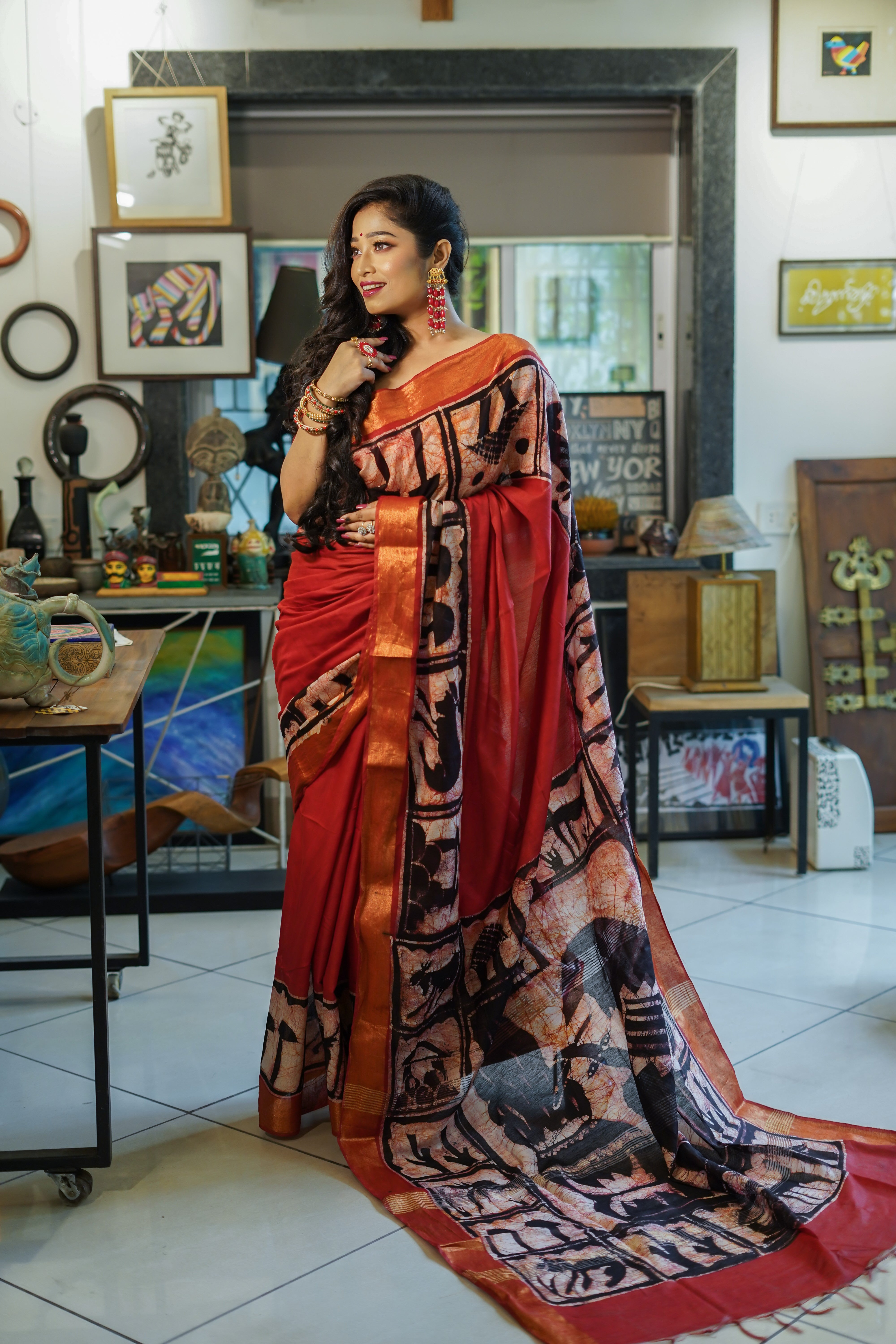 Red Hand Block Pure Chanderi Silk Saree