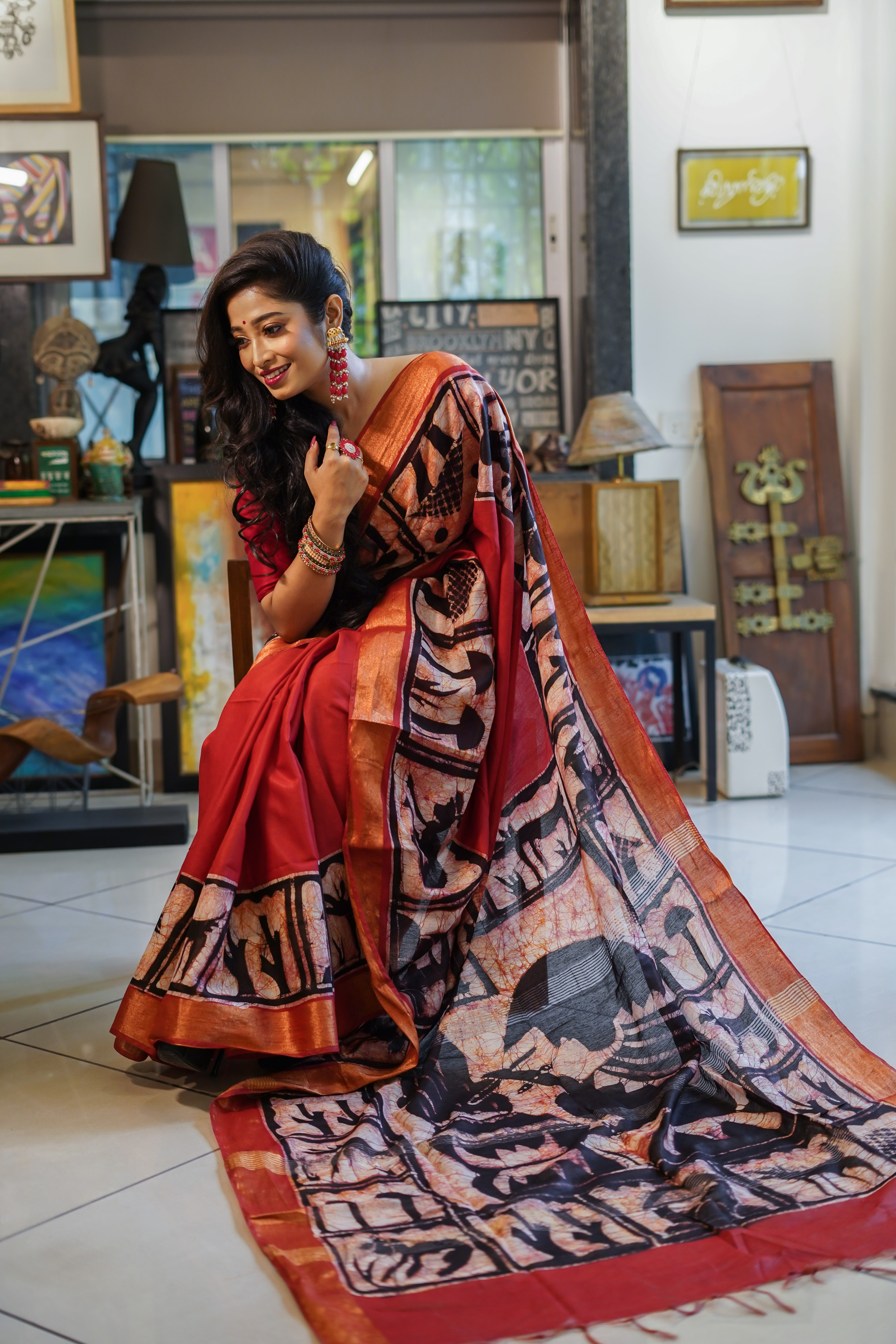 Red Hand Block Pure Chanderi Silk Saree