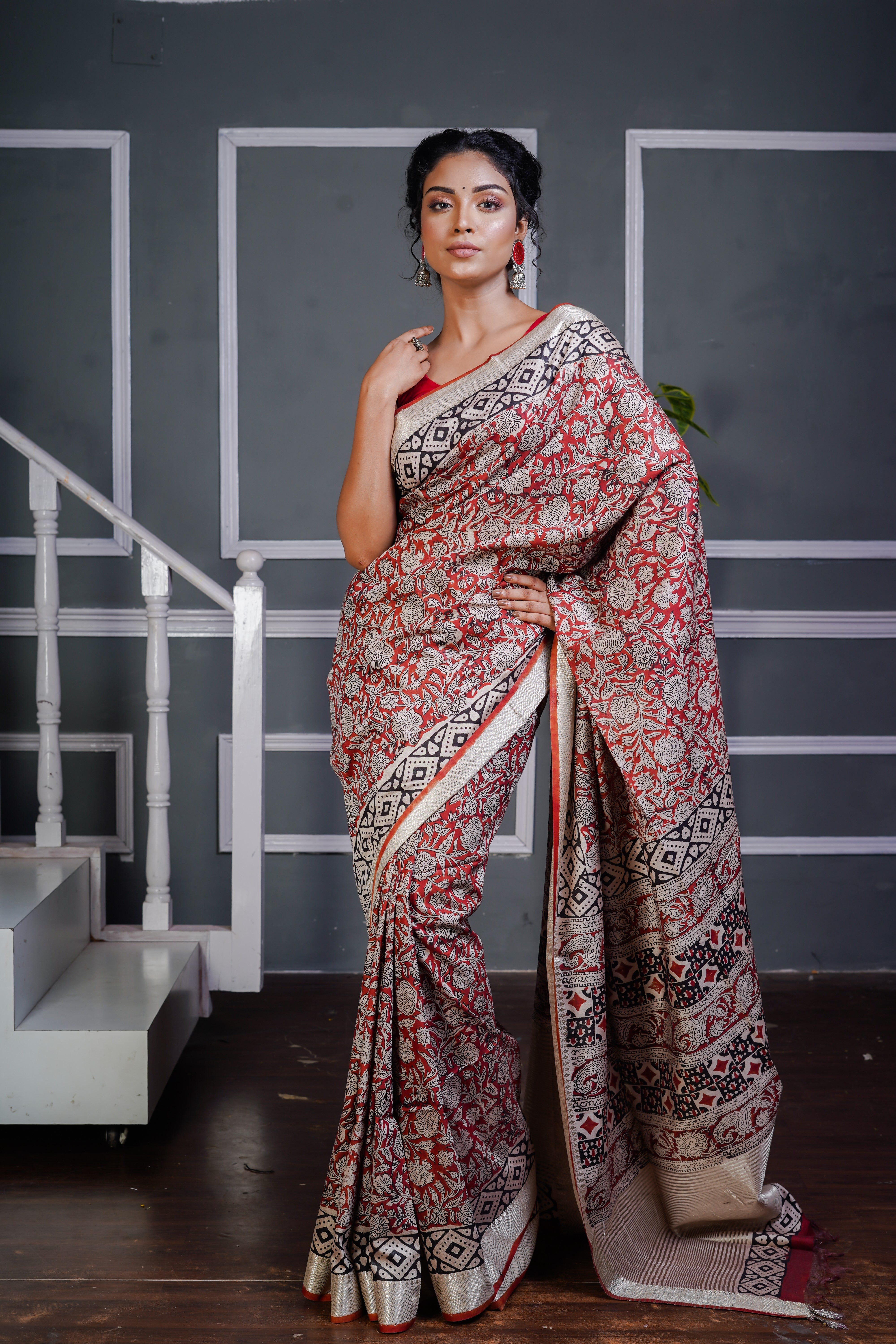 Red Pure Maheswari Silk Hand Block Sareee