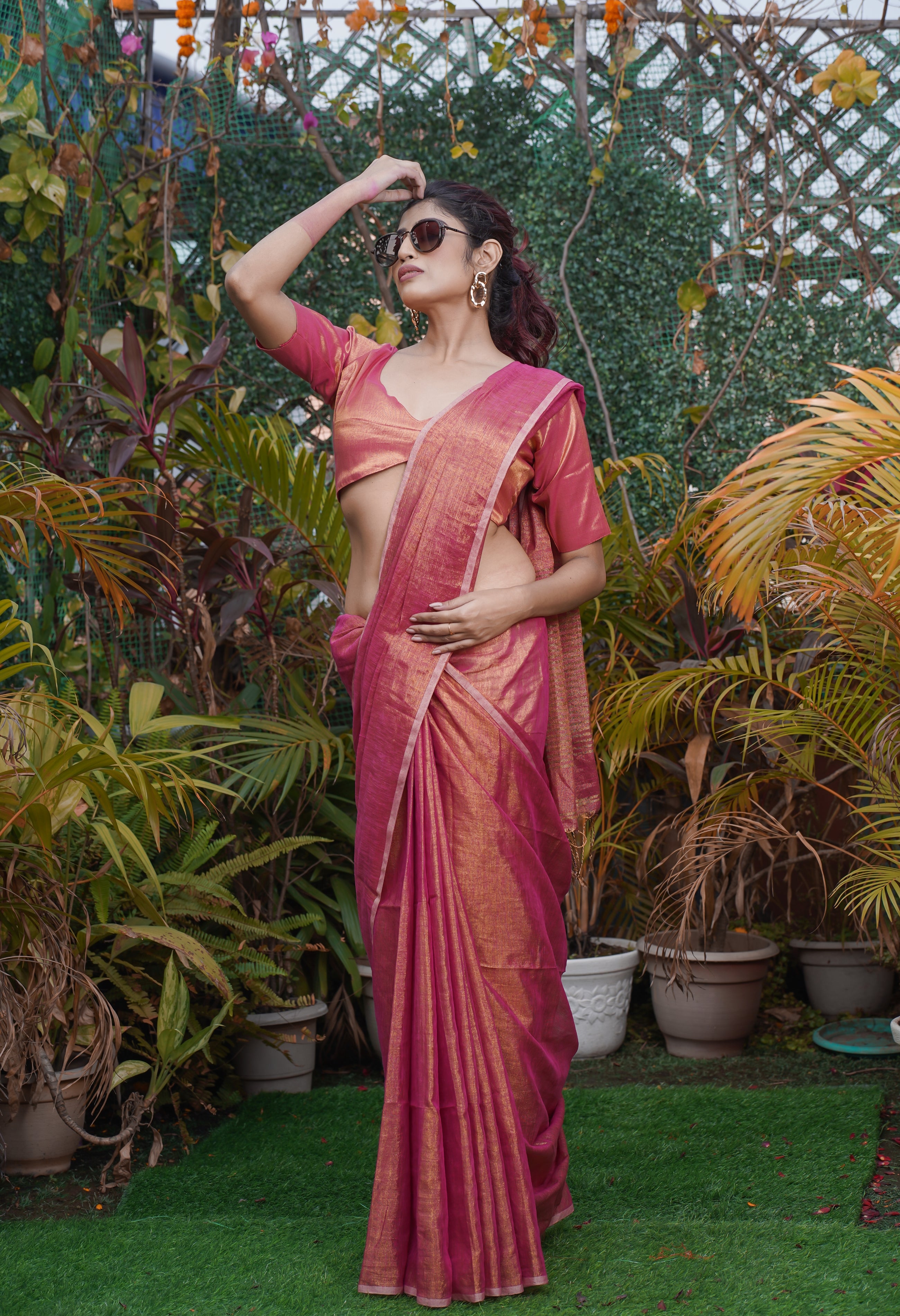 Dual Tone Tissue Linen Saree- Roseberry