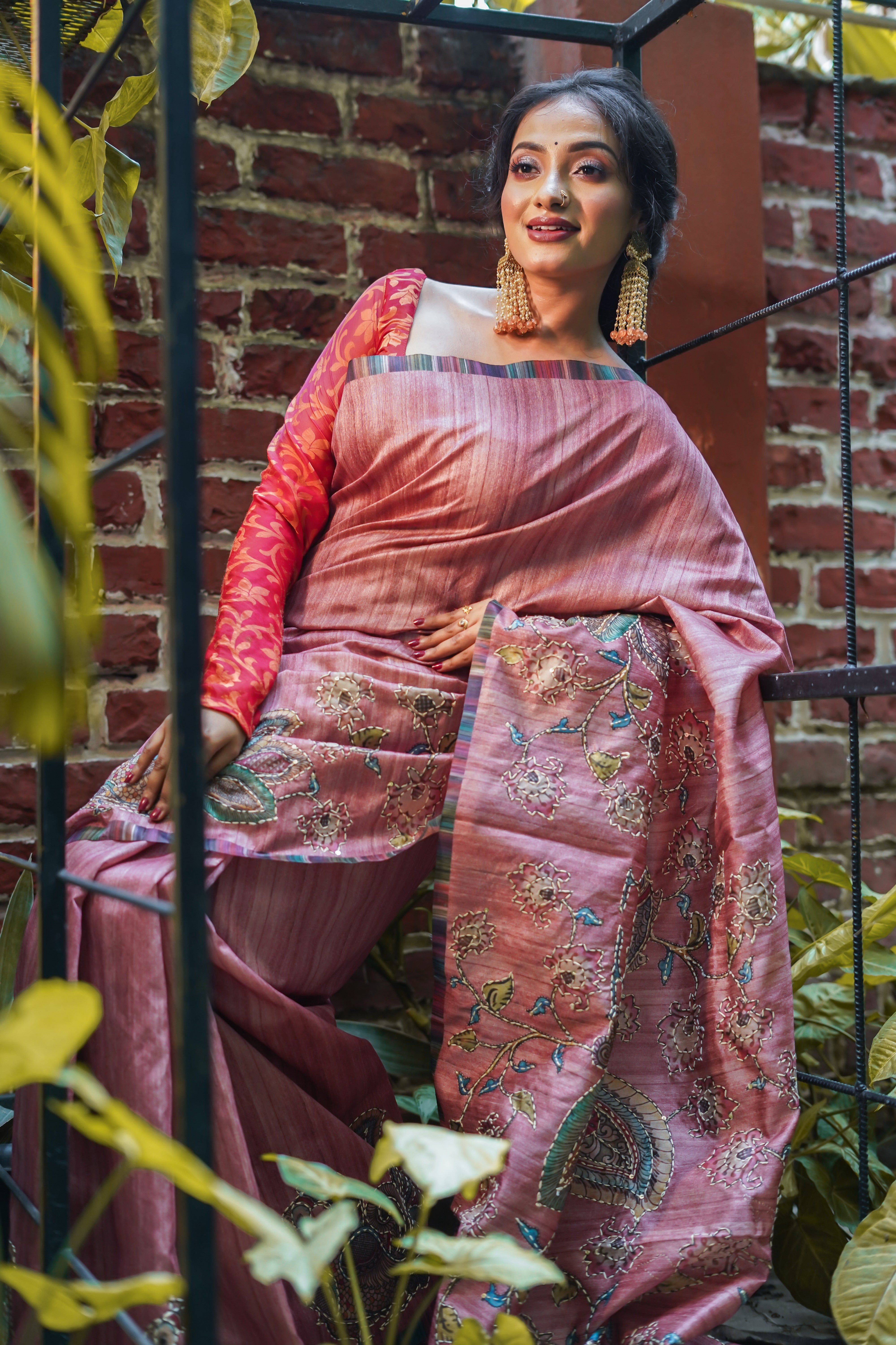 Rose pink tussar silk hand stitched saree