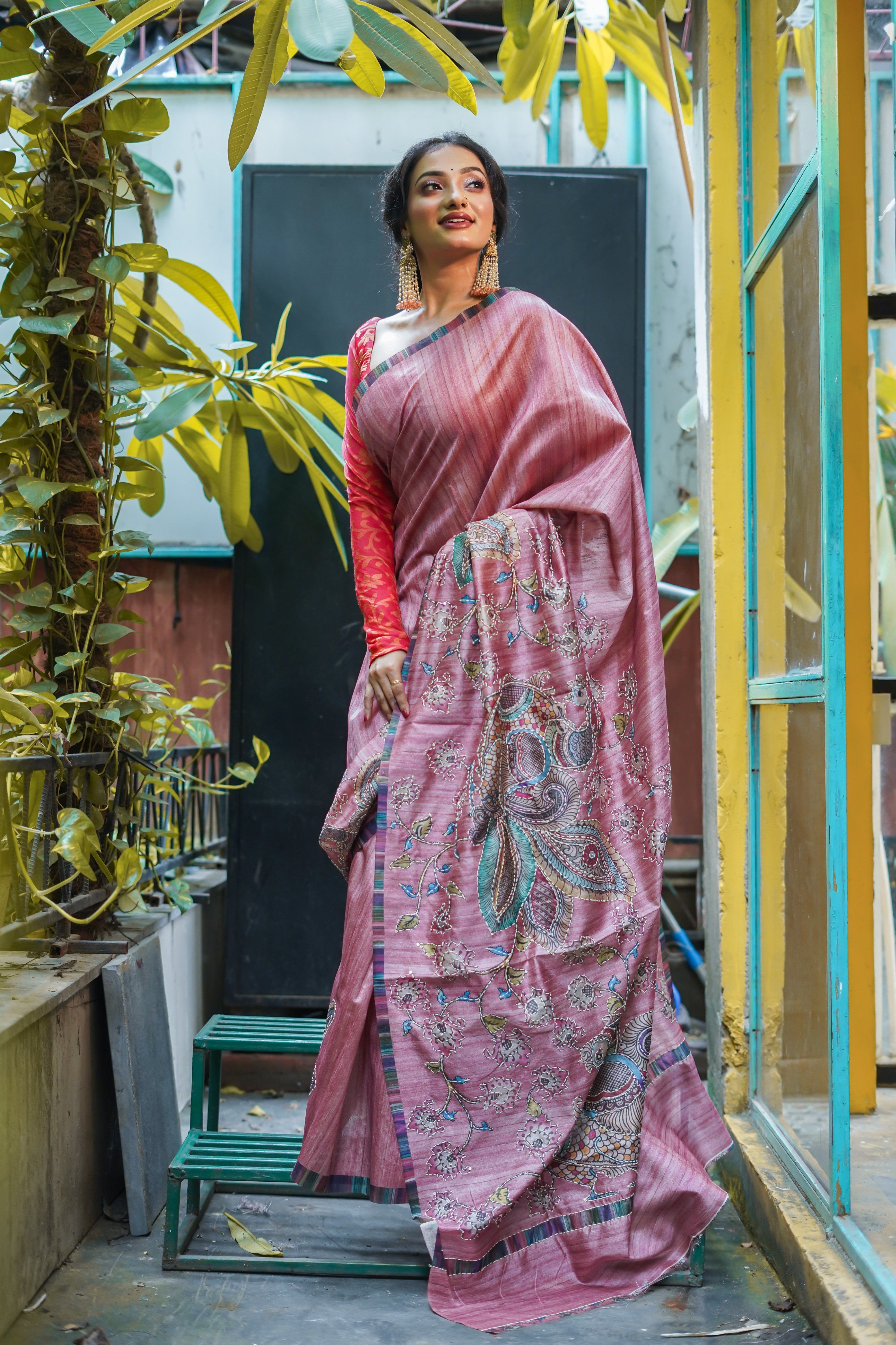 Rose pink tussar silk hand stitched saree