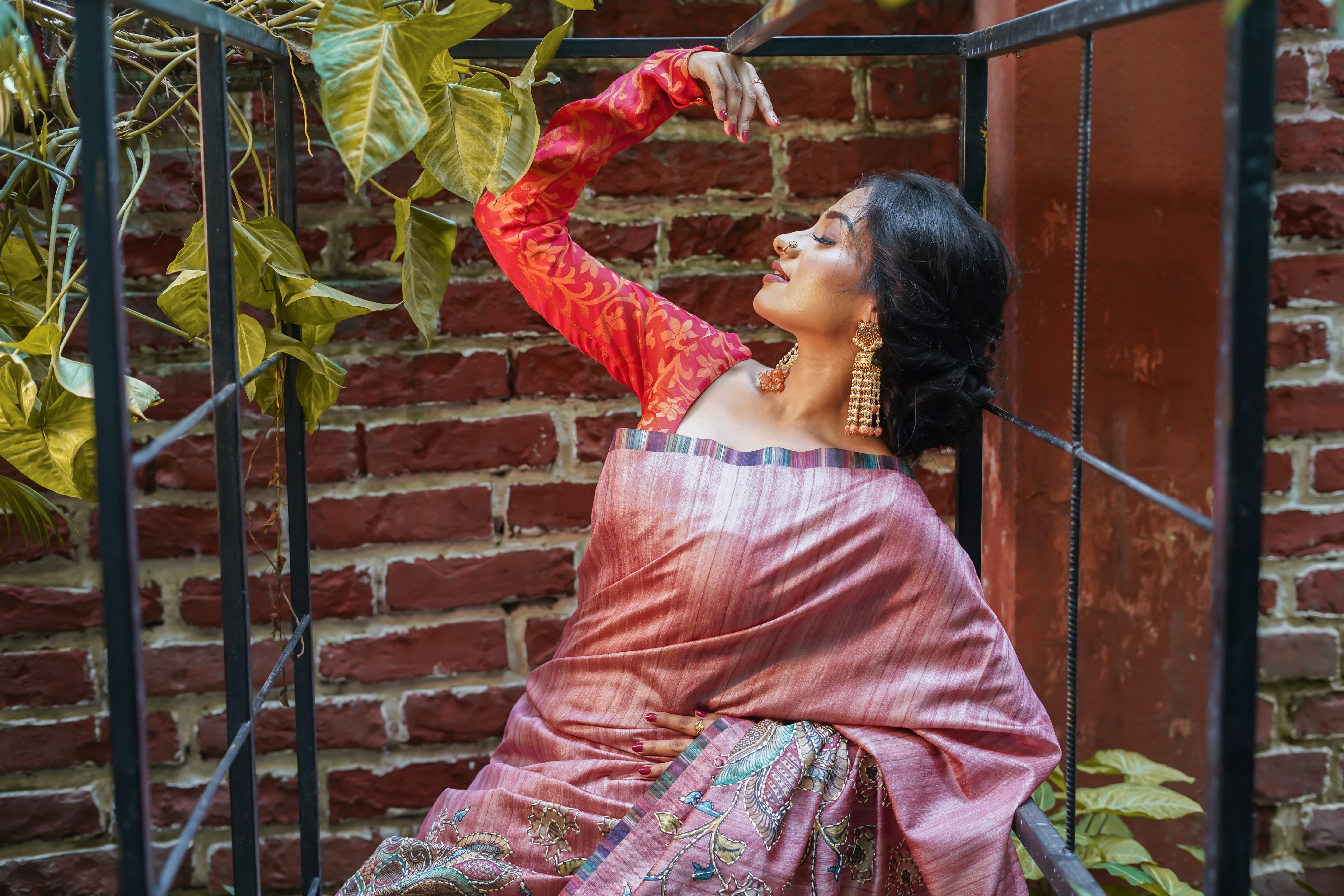 Rose pink tussar silk hand stitched saree