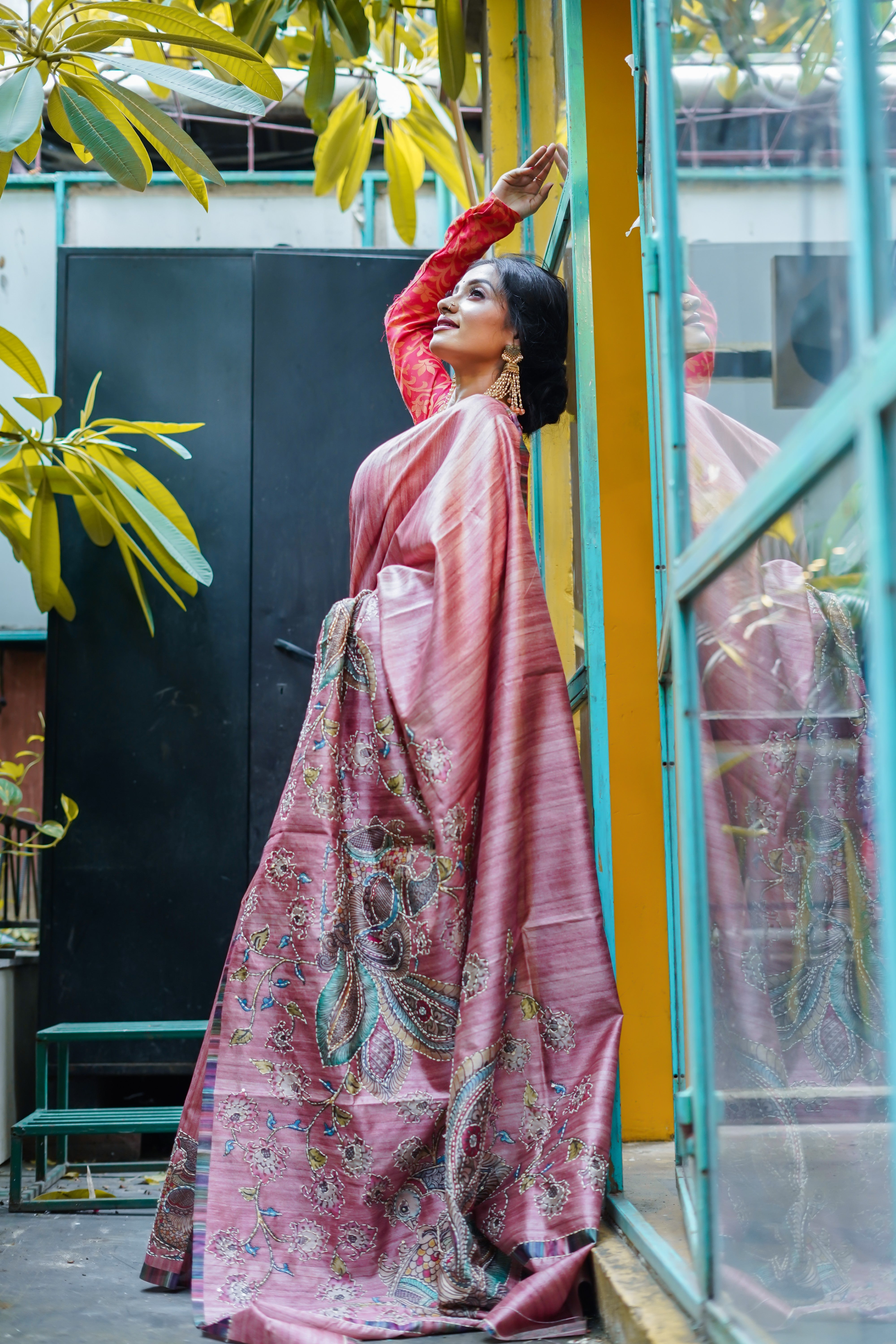 Rose pink tussar silk hand stitched saree