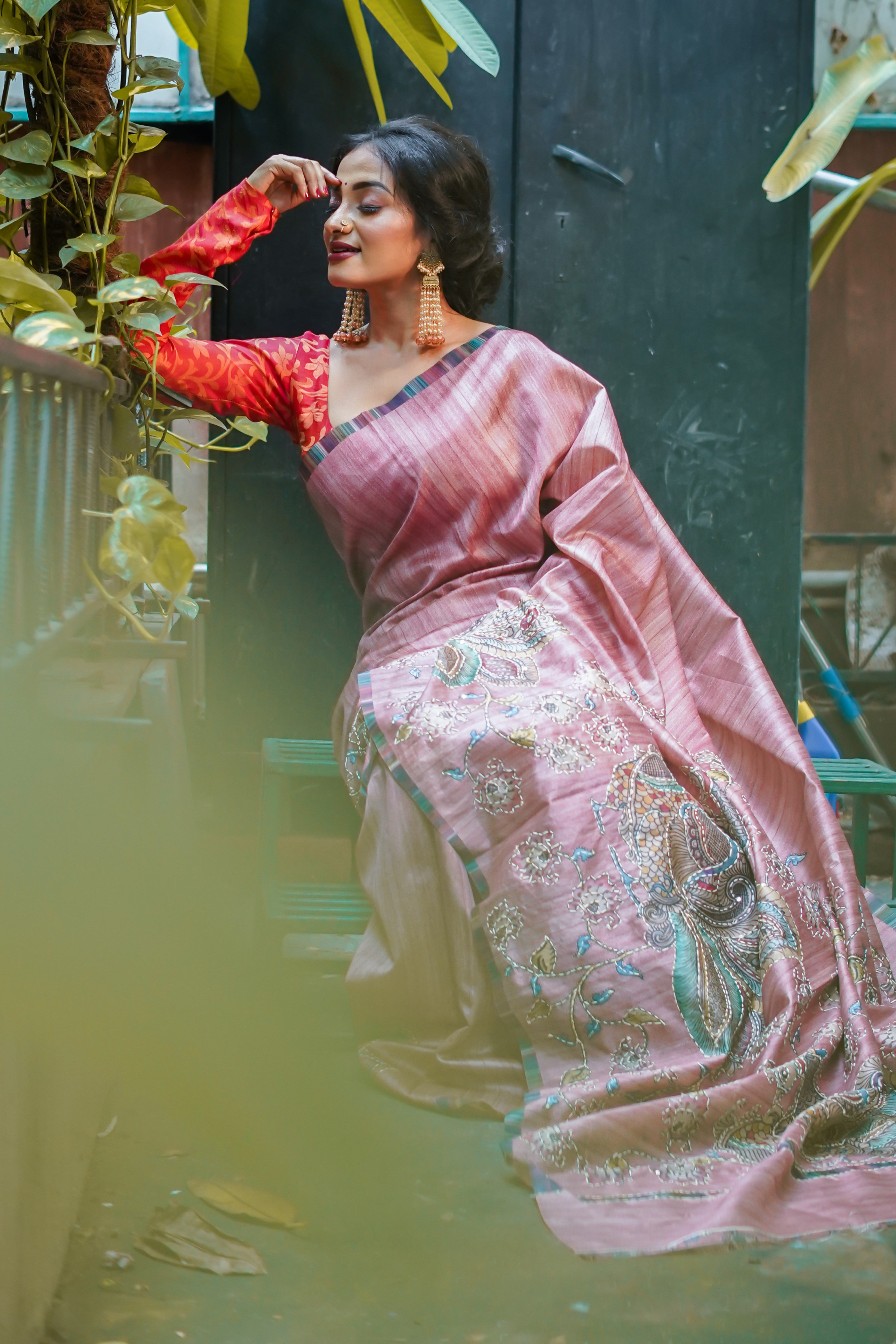 Rose pink tussar silk hand stitched saree