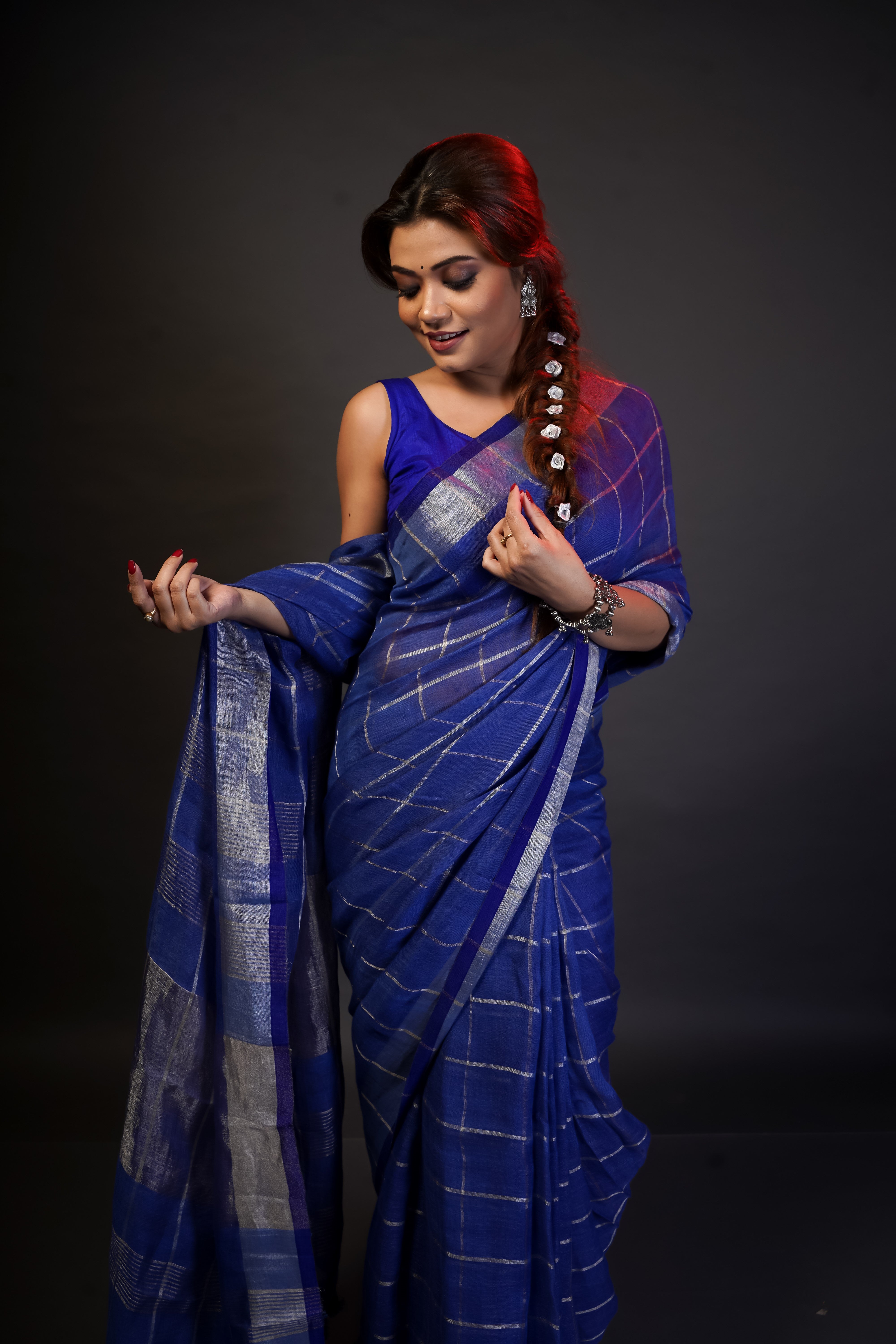 Pure Linen All-Over Check Saree