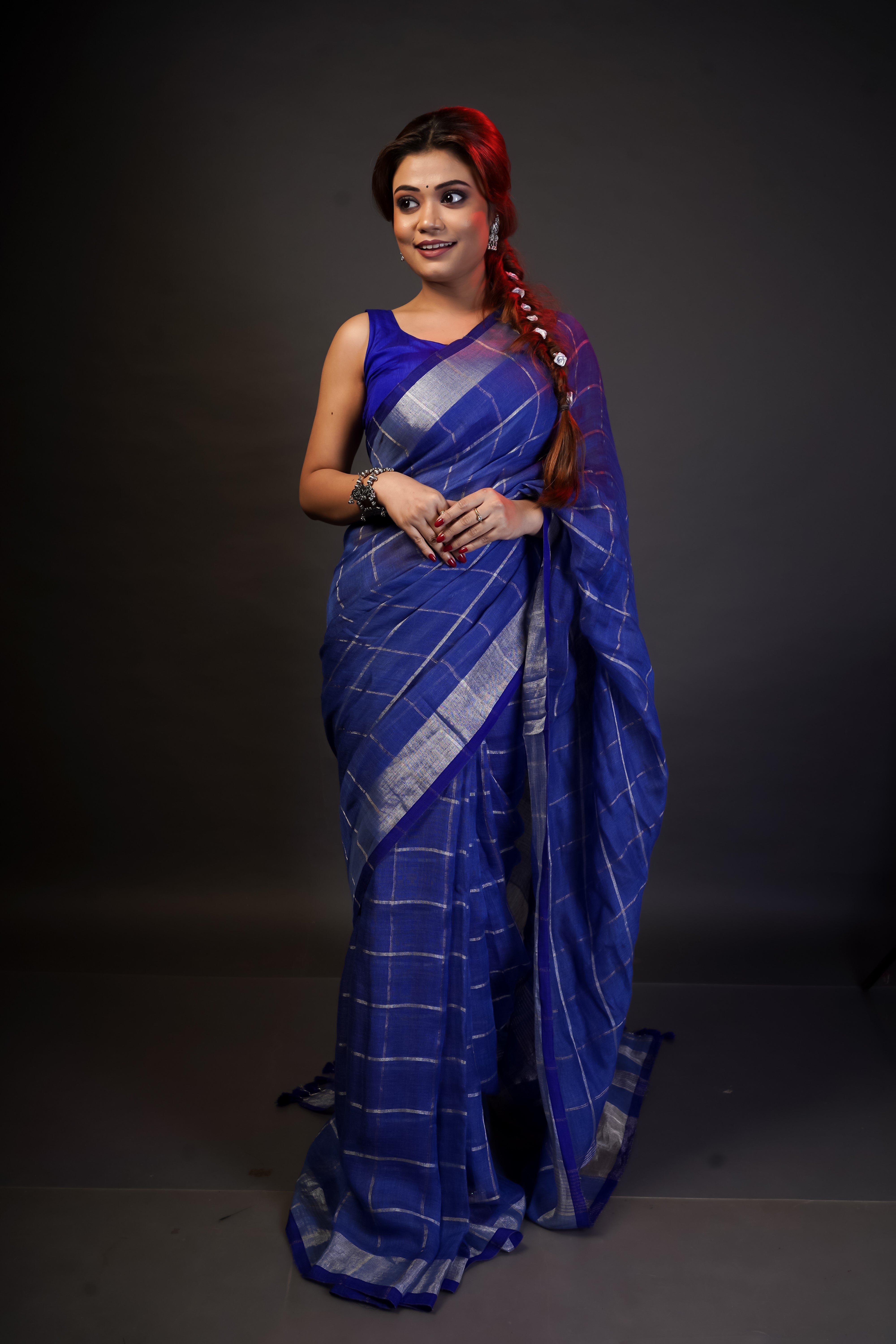 Pure Linen All-Over Check Saree