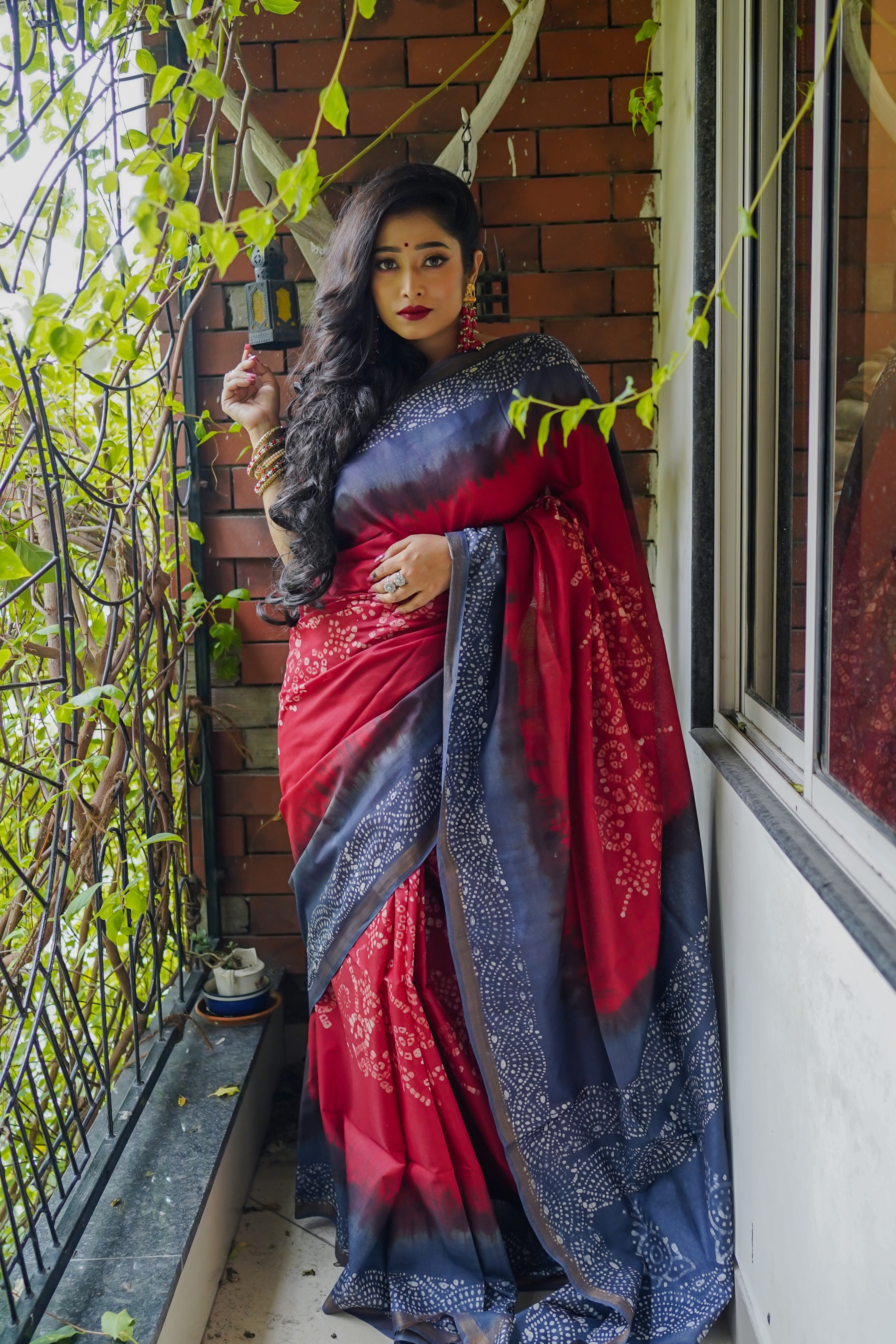 Ruby Red Bandhani Hand Block Pure Chanderi Silk Saree