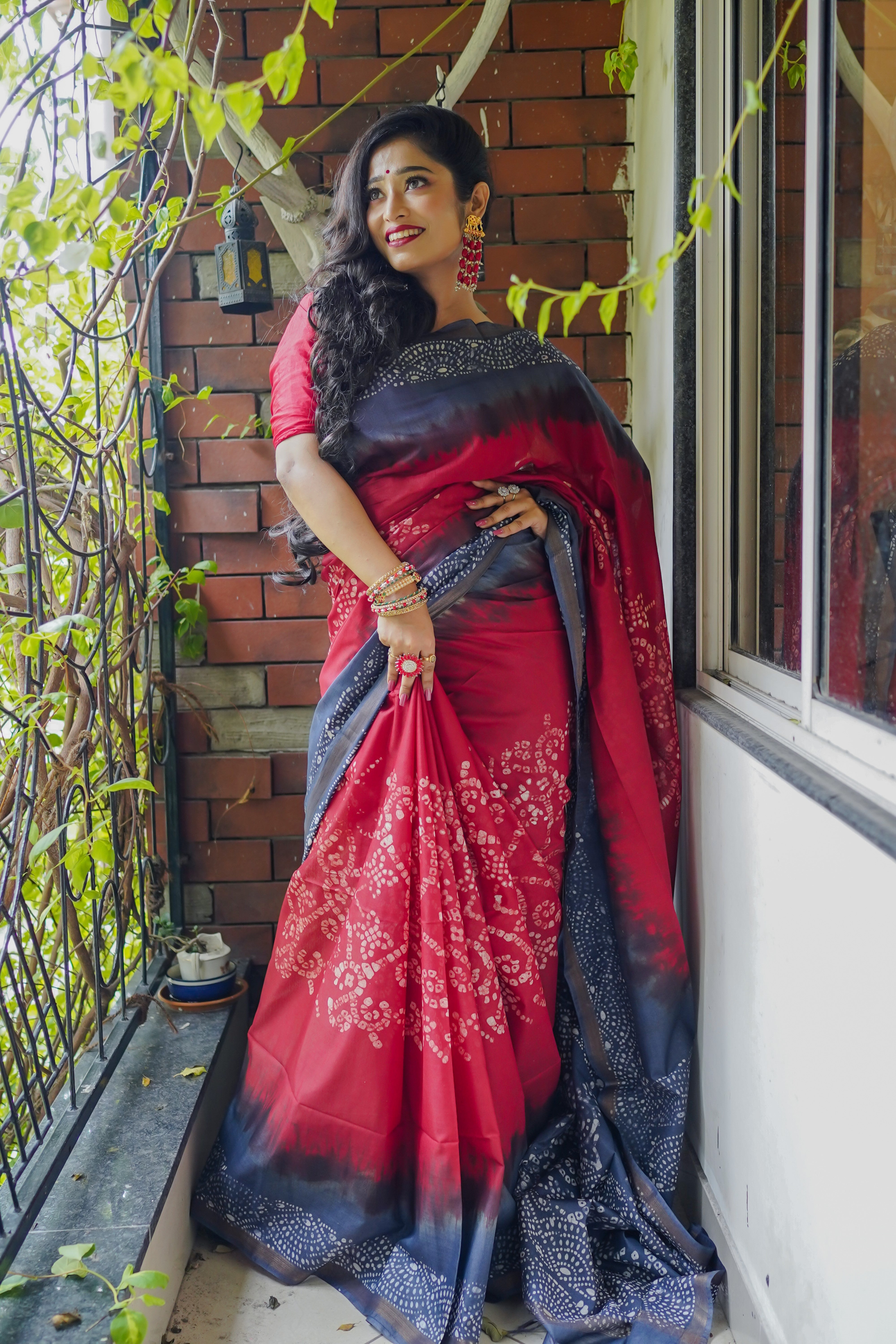 Ruby Red Bandhani Hand Block Pure Chanderi Silk Saree