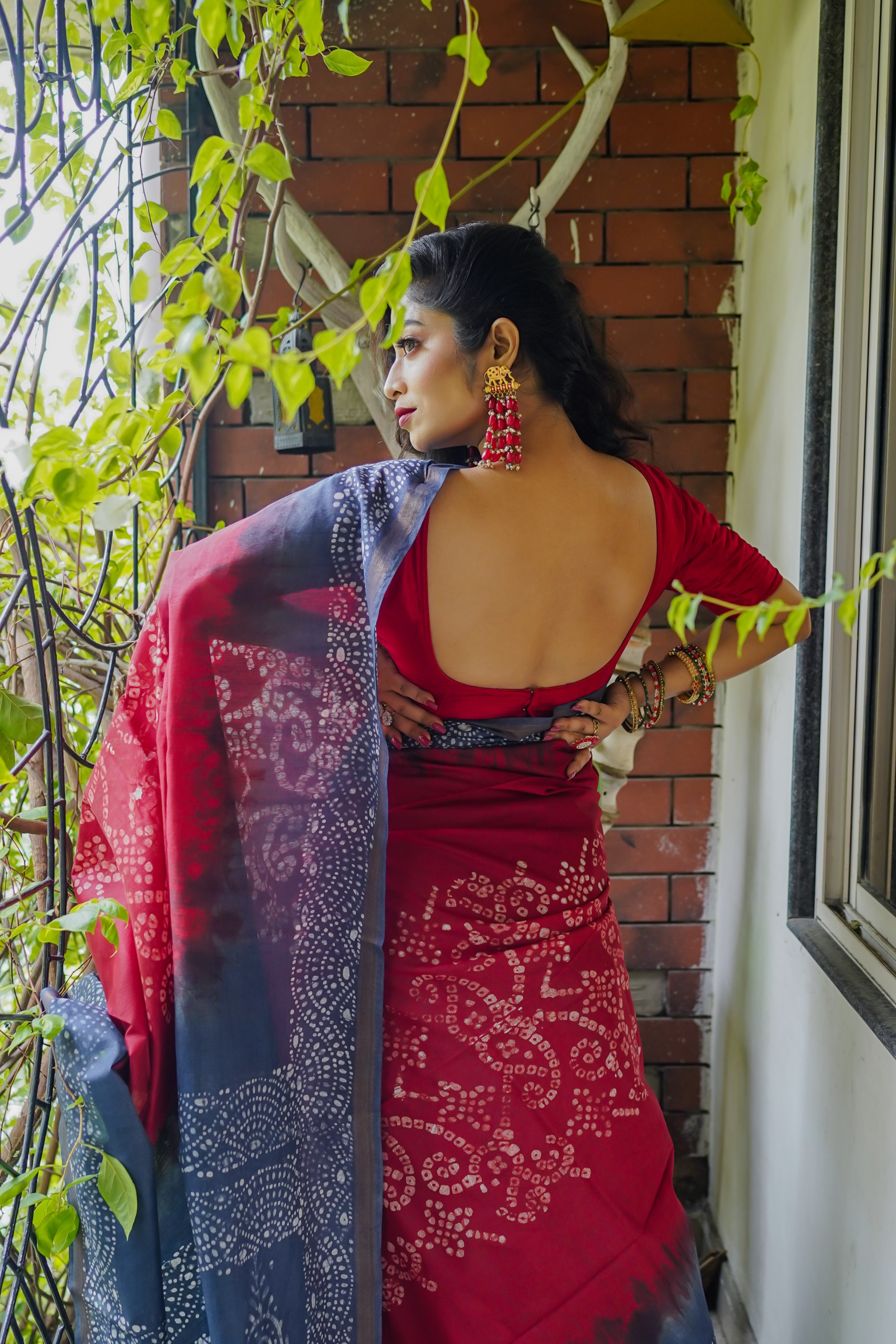 Ruby Red Bandhani Hand Block Pure Chanderi Silk Saree