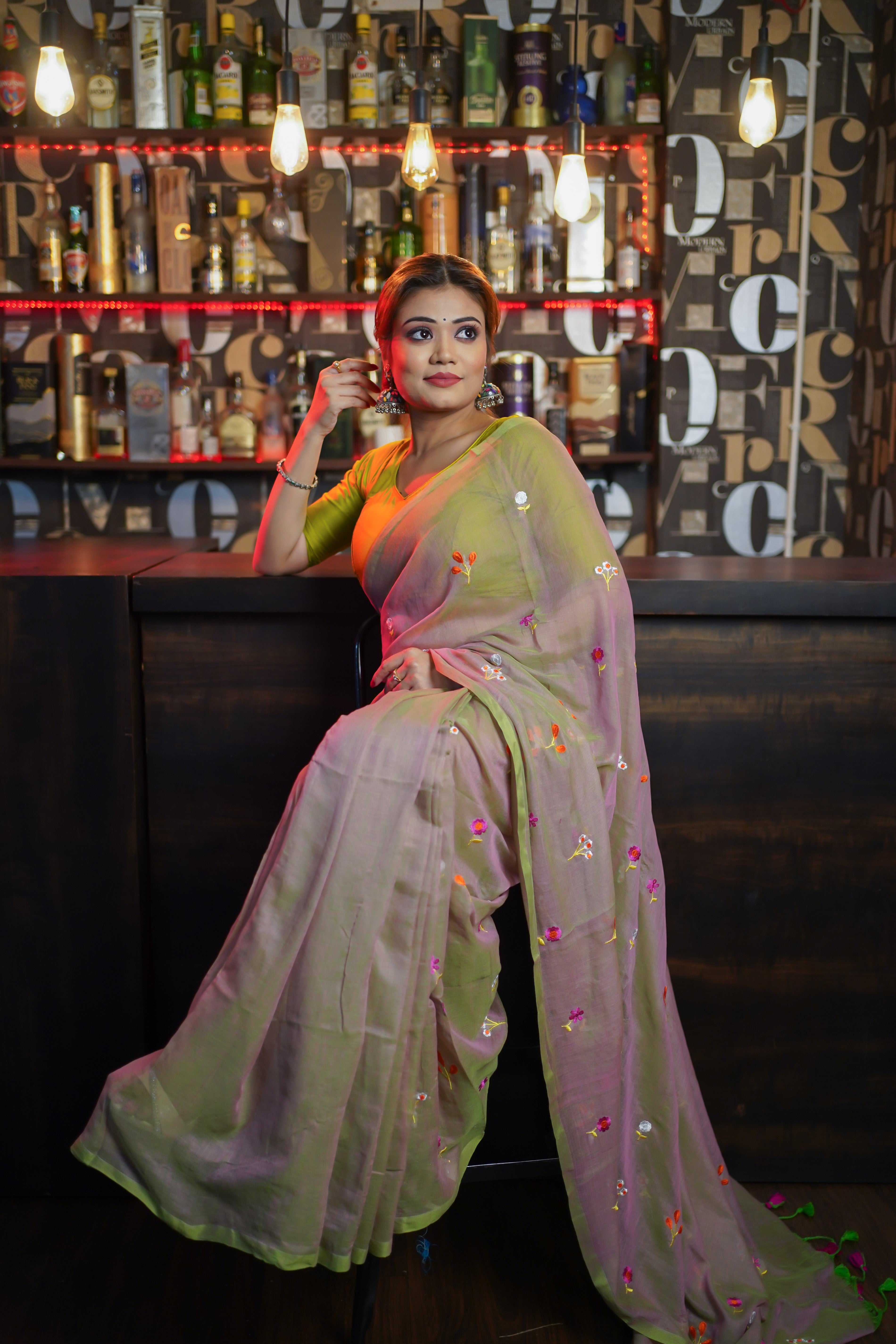 Sand embroidered mulmul cotton saree