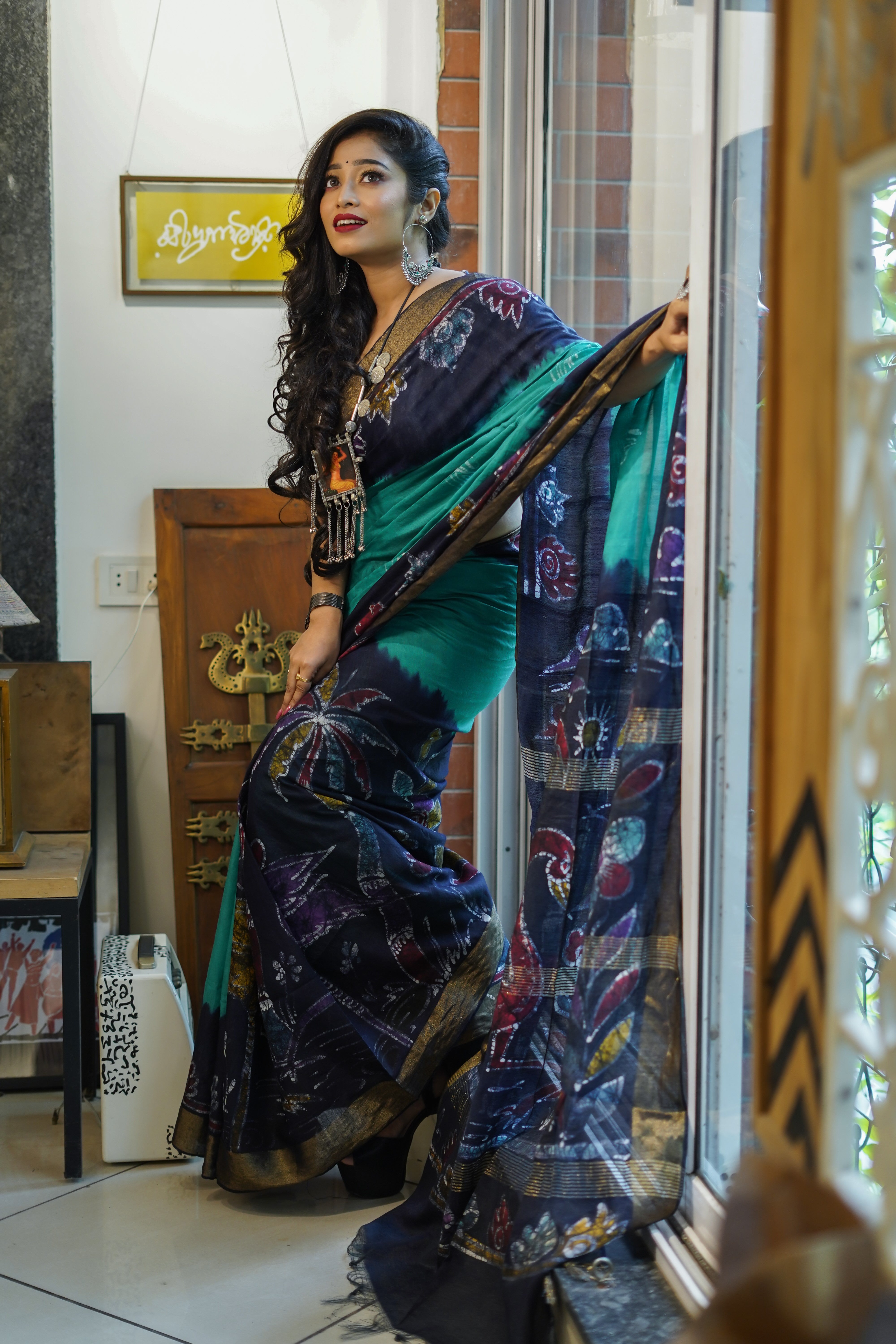 Sapphire Blue Hand Block Pure Chanderi Silk Saree