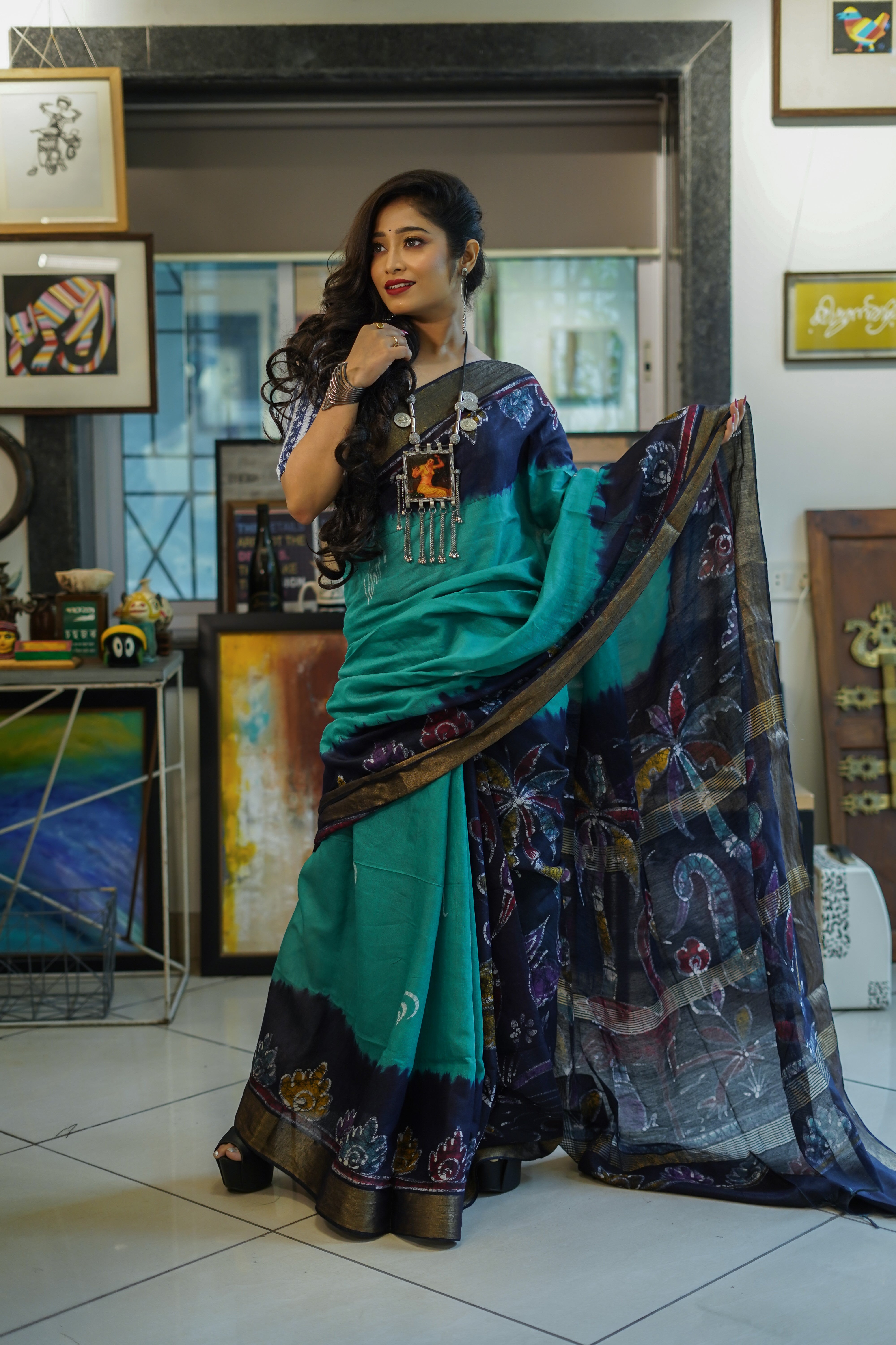 Sapphire Blue Hand Block Pure Chanderi Silk Saree