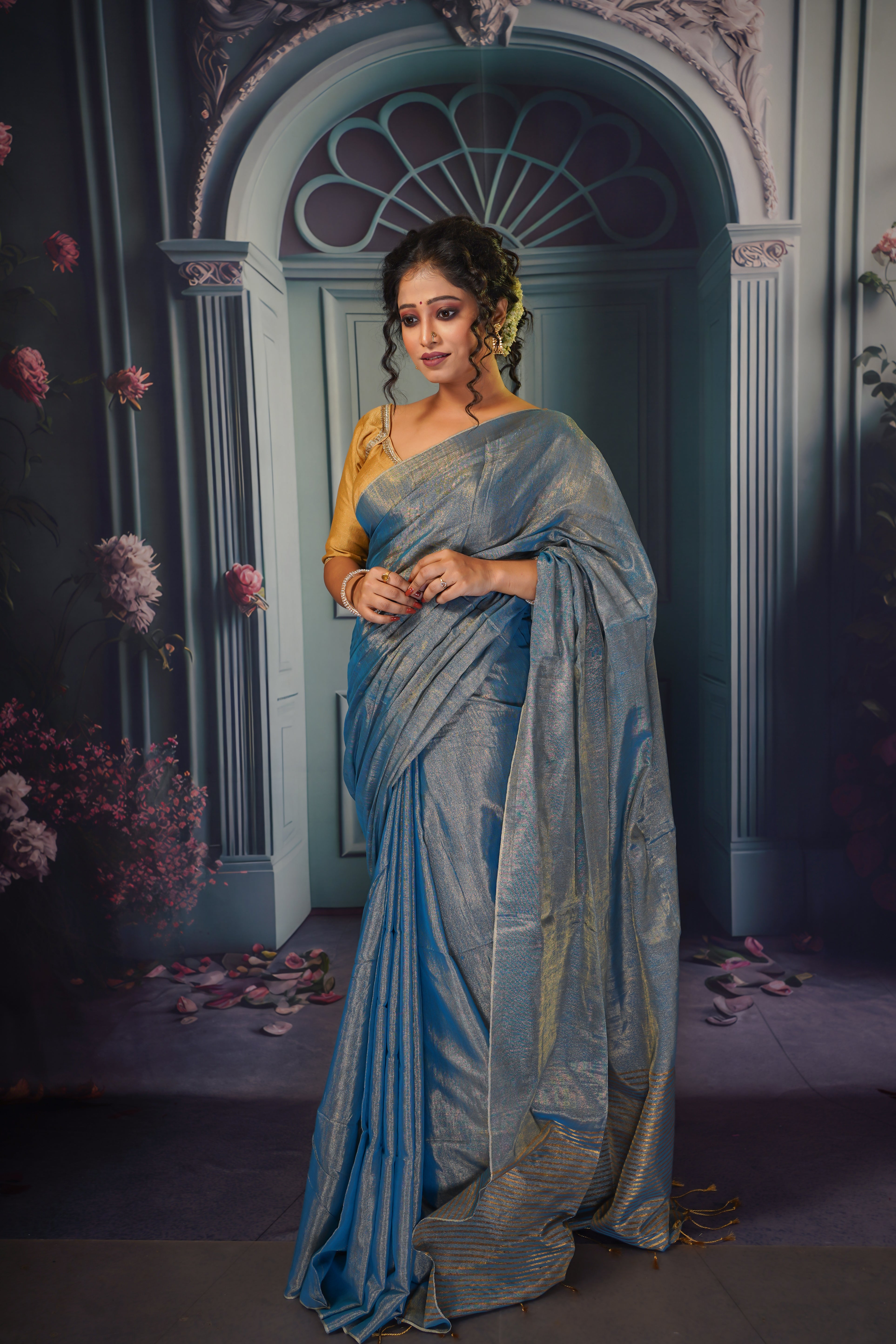 Silver blue Dual tone tissue saree