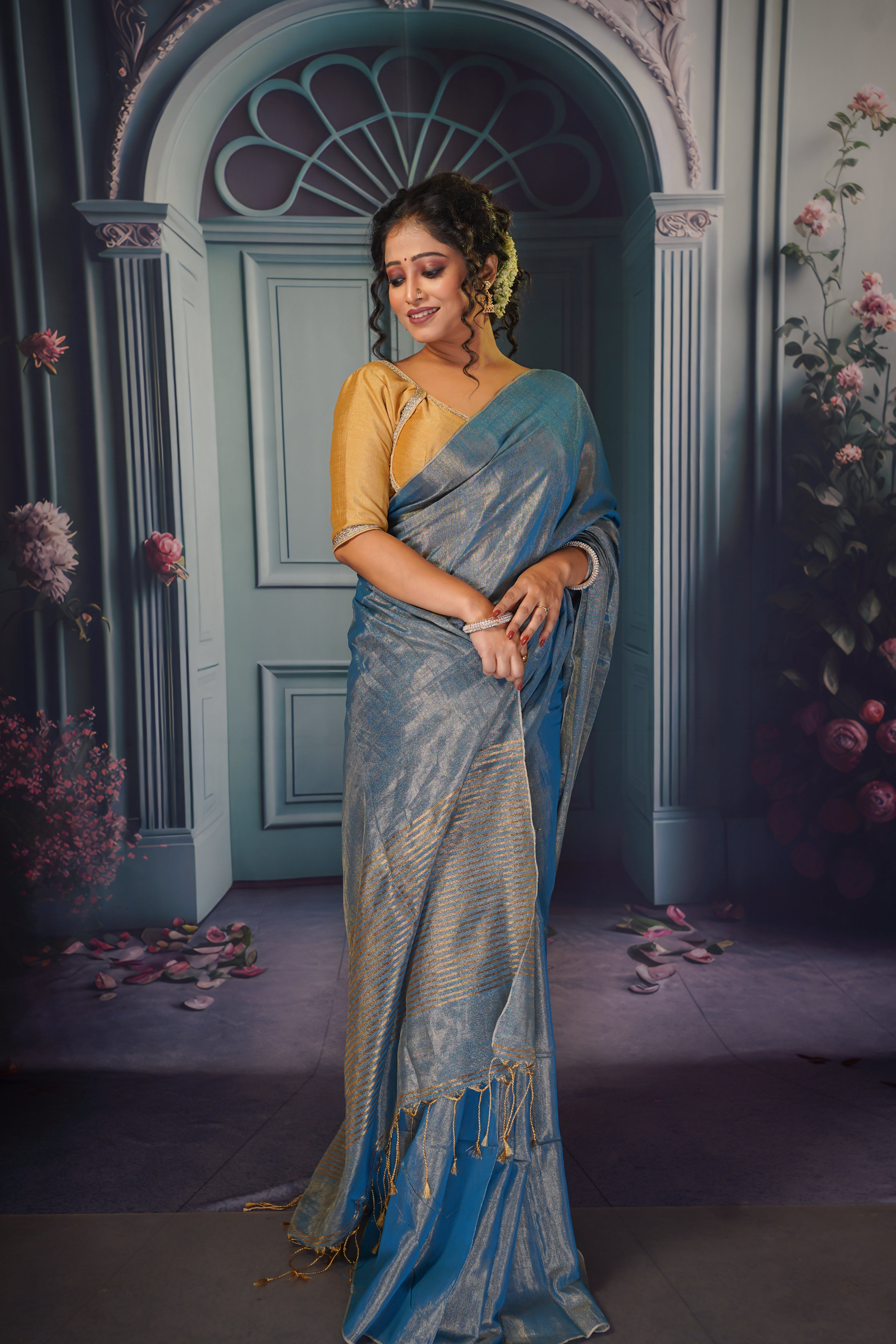 Silver blue Dual tone tissue saree