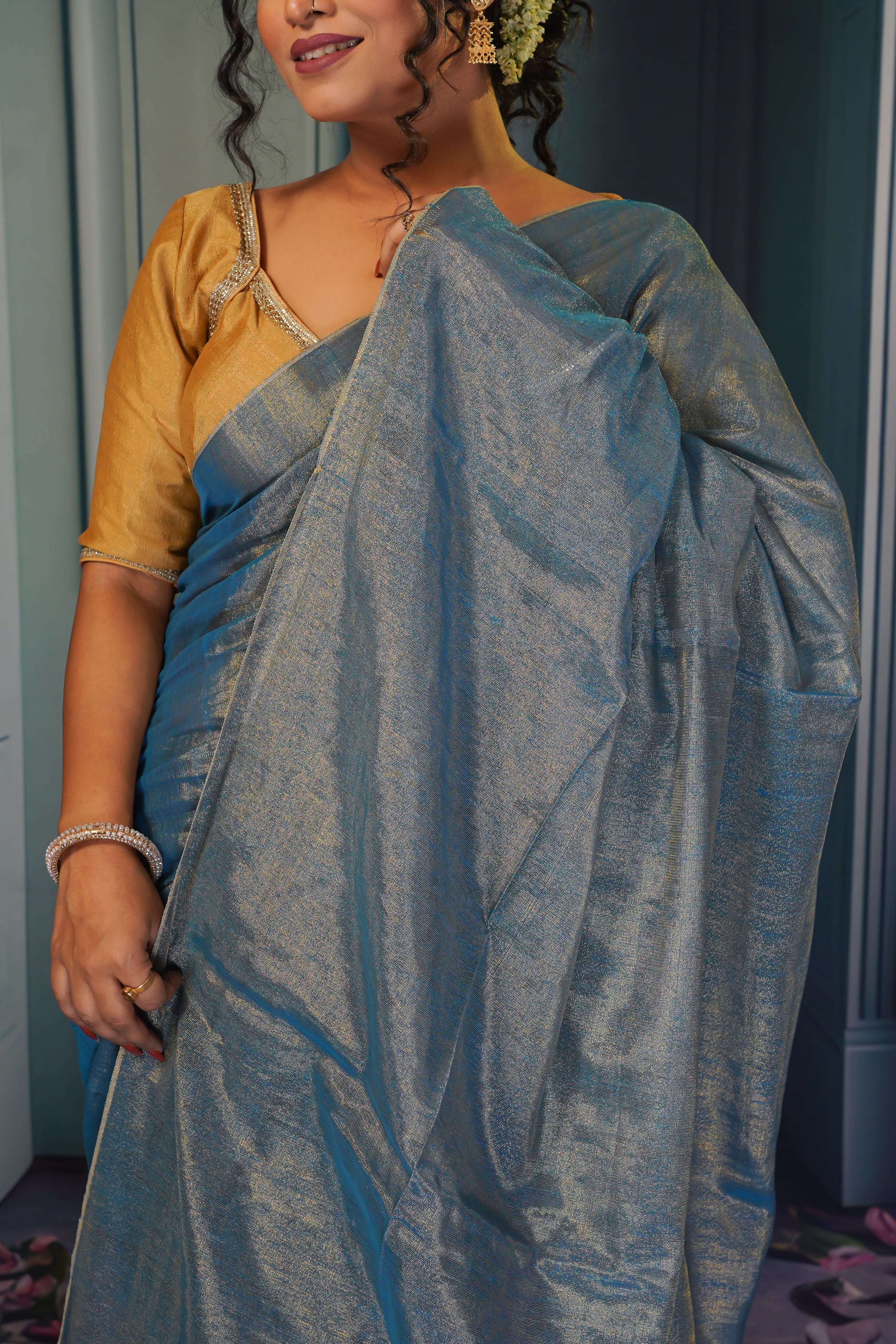 Silver blue Dual tone tissue saree