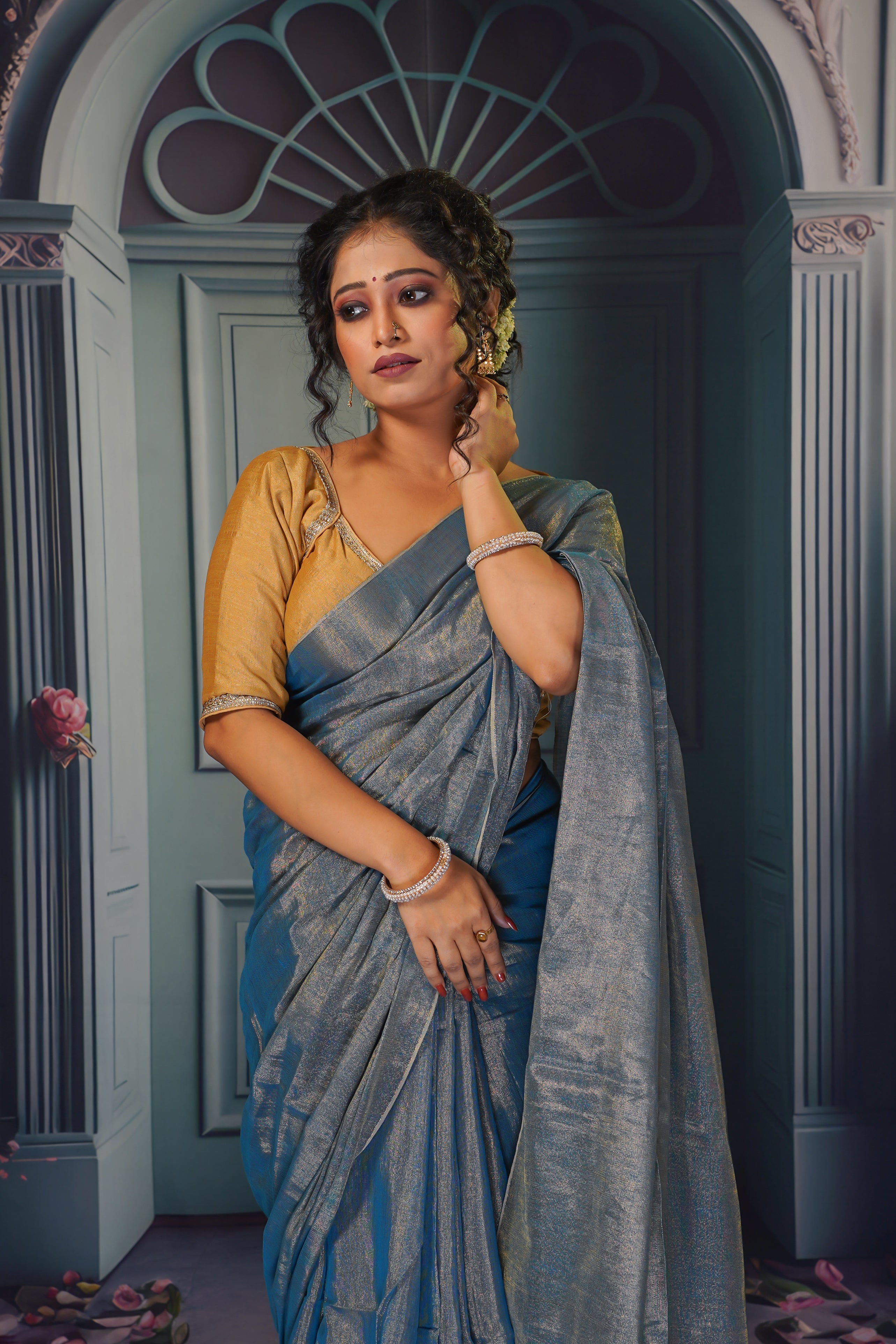 Silver blue Dual tone tissue saree