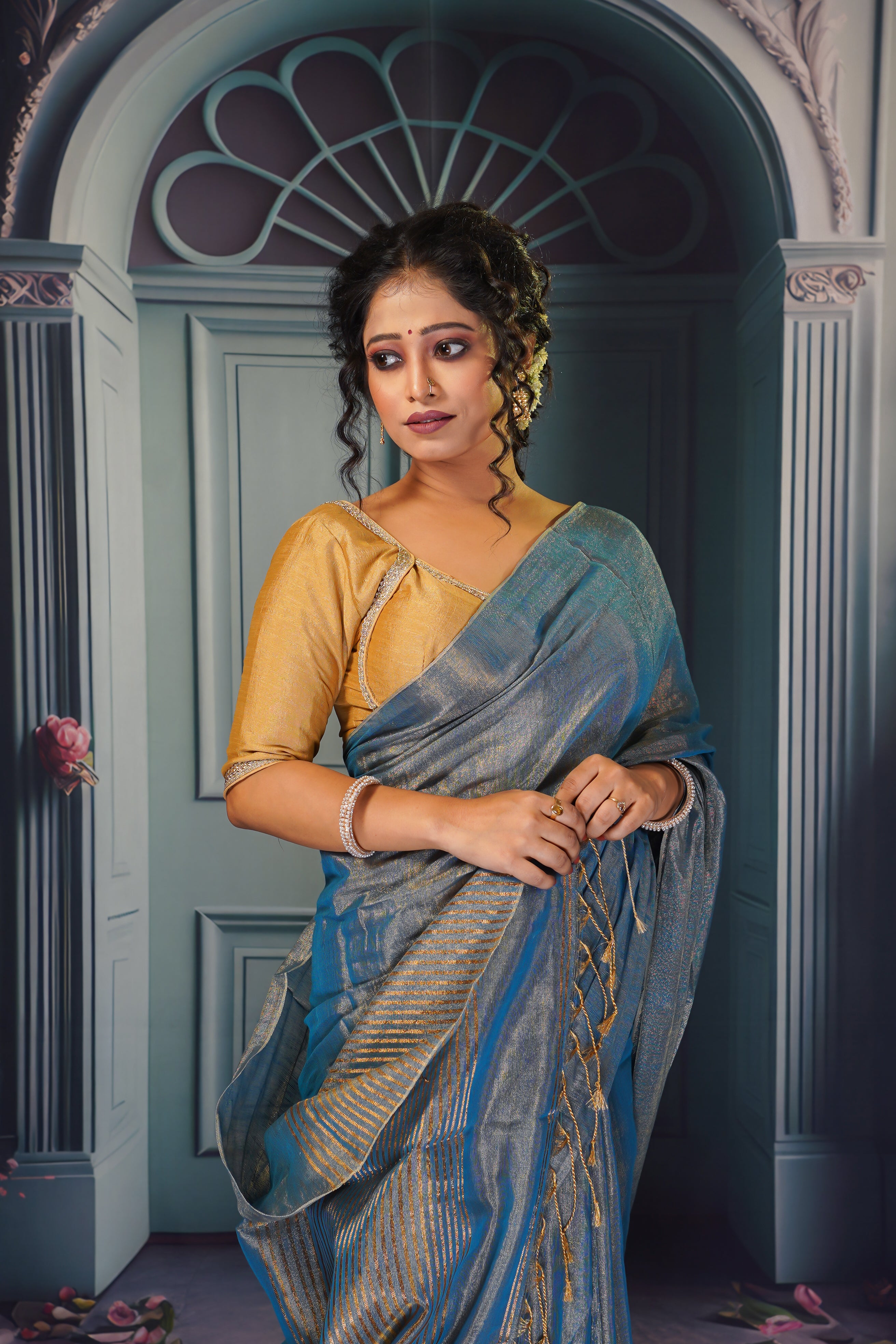 Silver blue Dual tone tissue saree