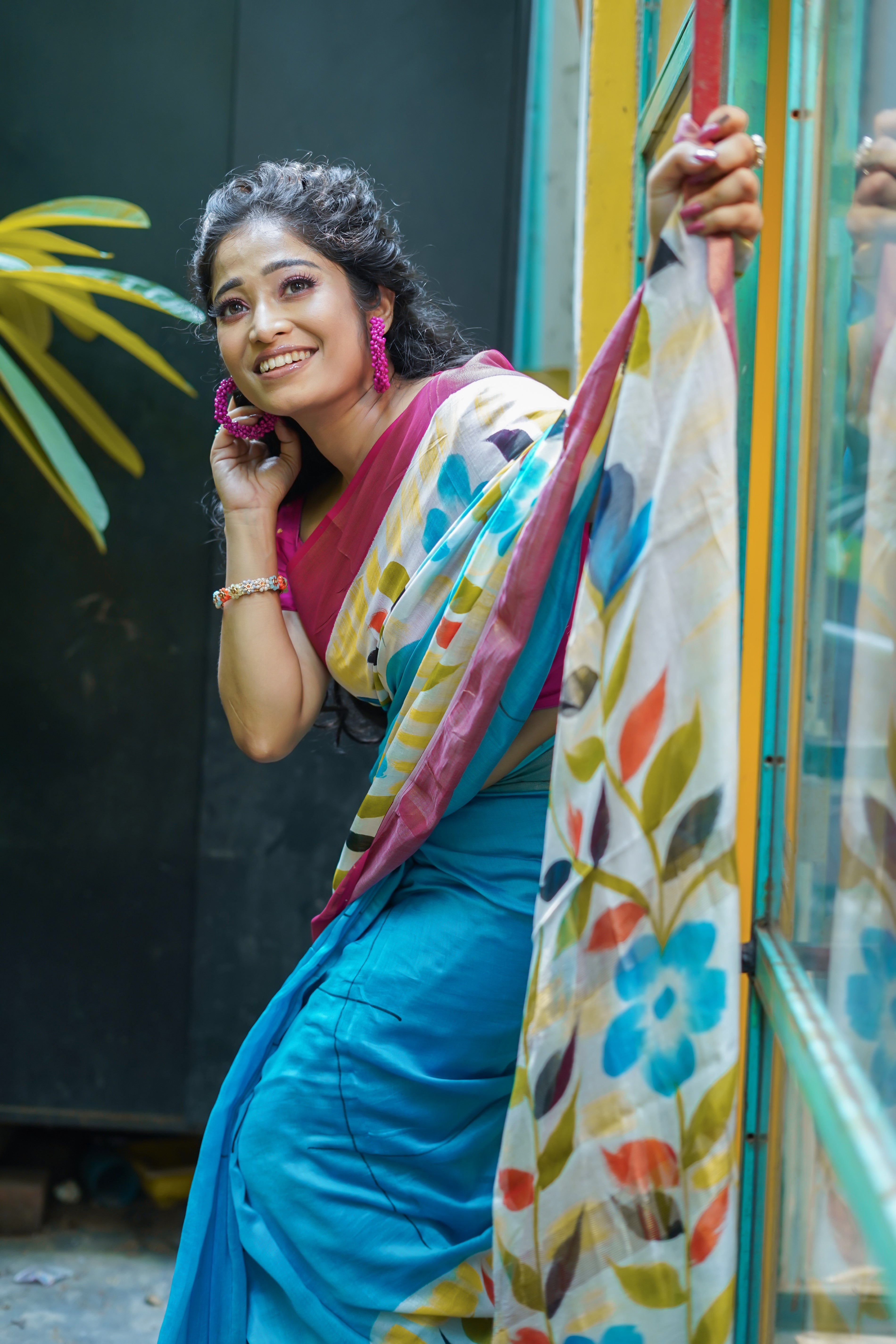 Sky Blue floral pure Maheswari silk saree