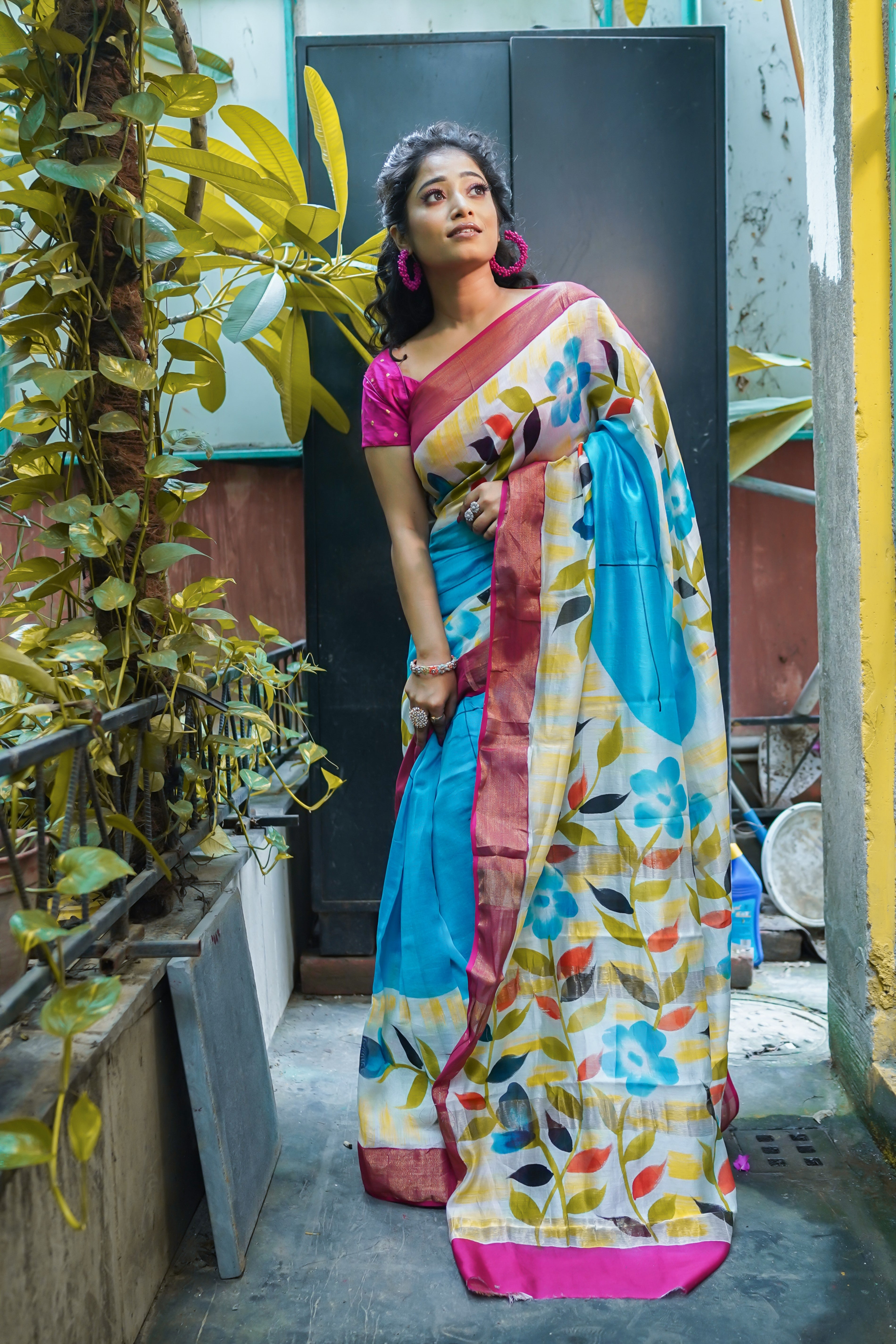 Sky Blue floral pure Maheswari silk saree