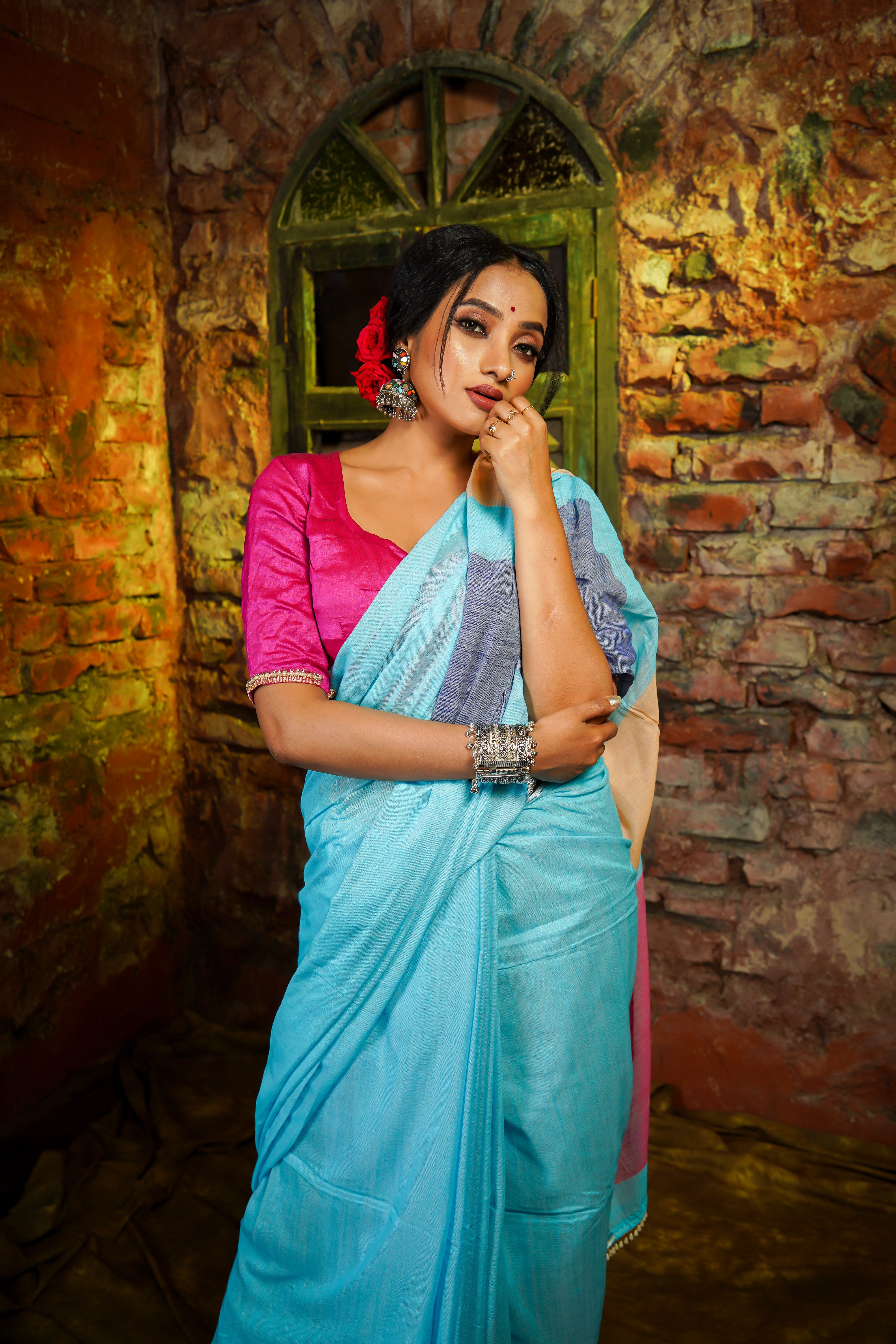 Sky Blue Premium Khadi Cotton Saree