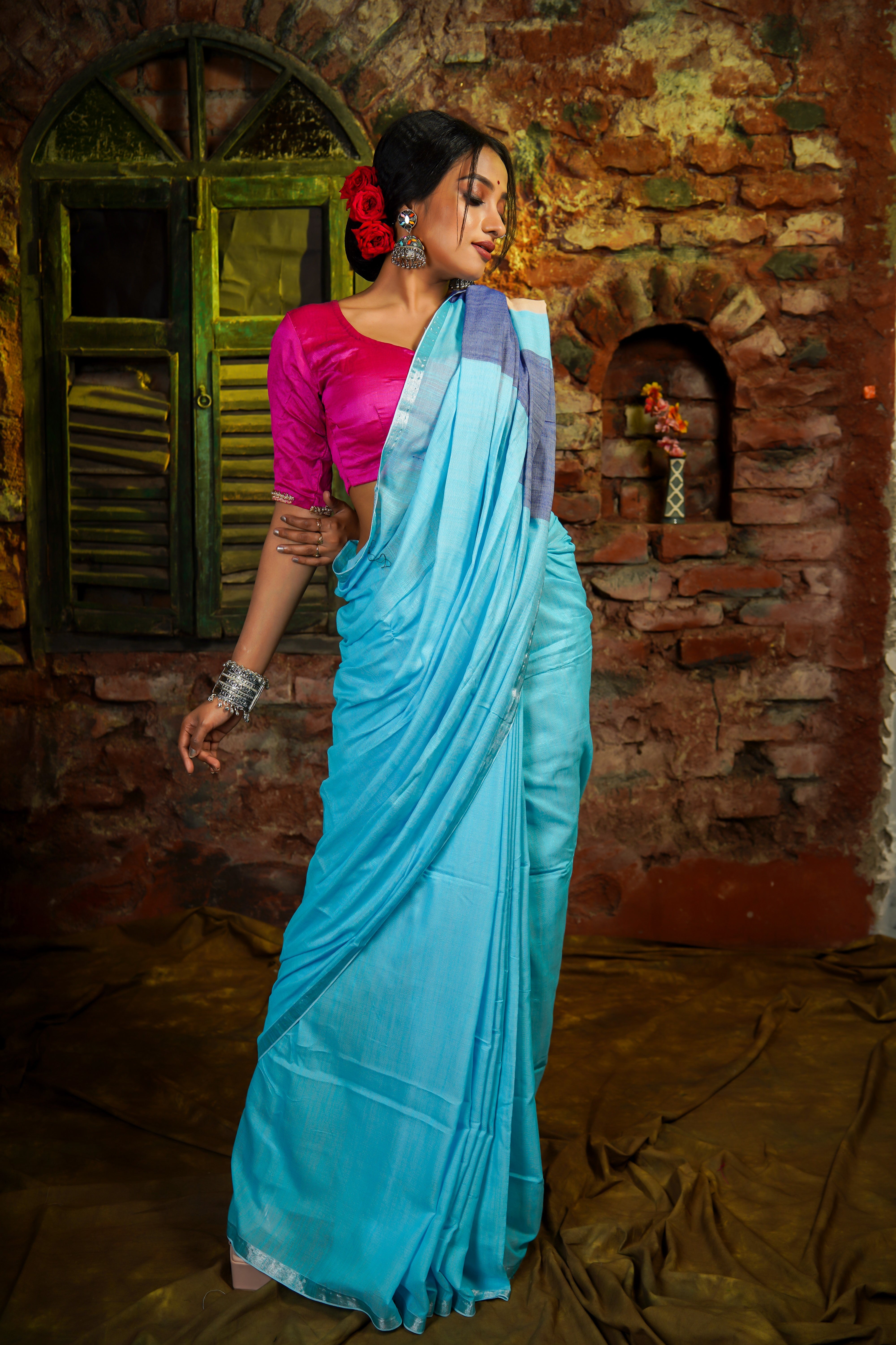 Sky Blue Premium Khadi Cotton Saree