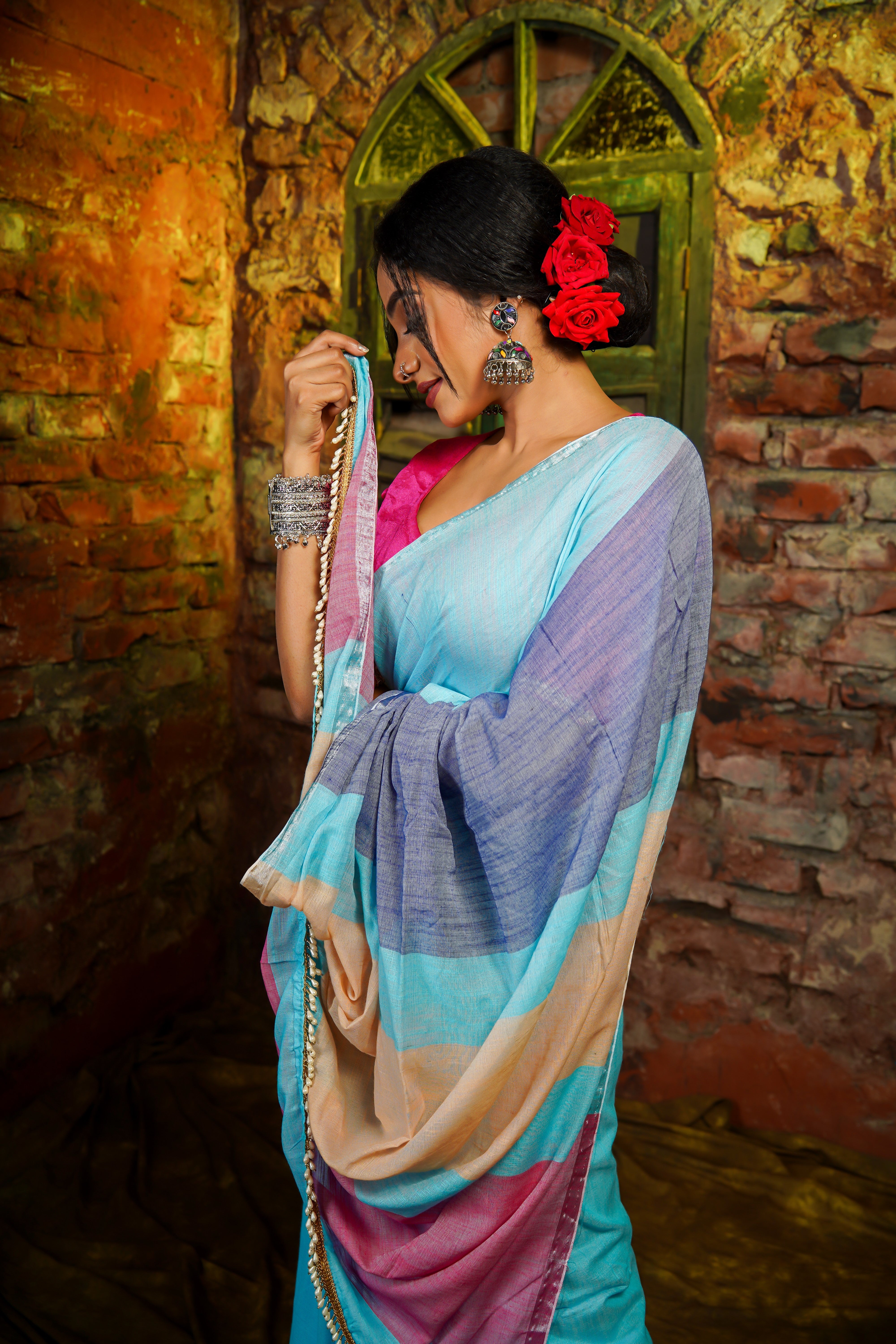 Sky Blue Premium Khadi Cotton Saree