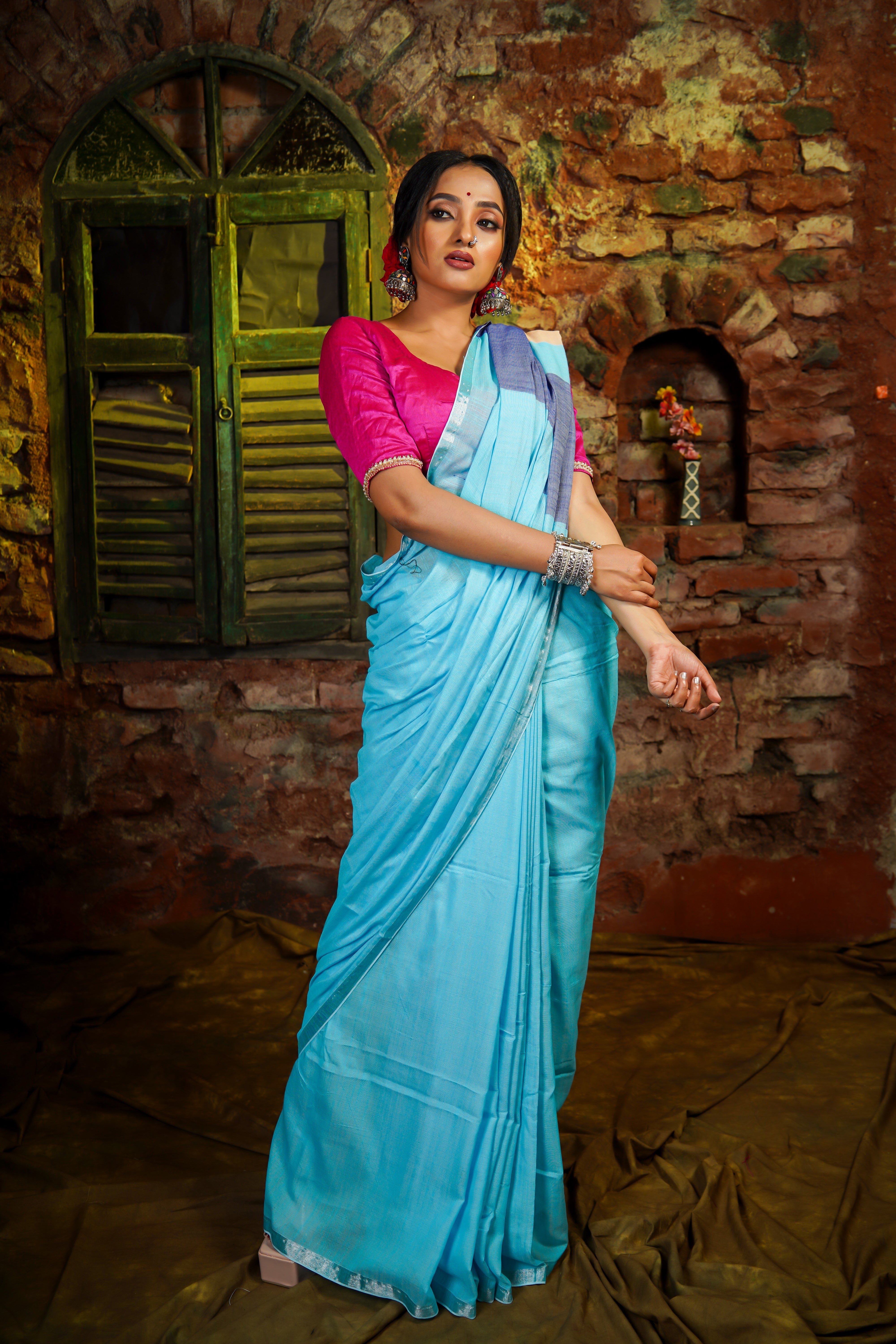 Sky Blue Premium Khadi Cotton Saree