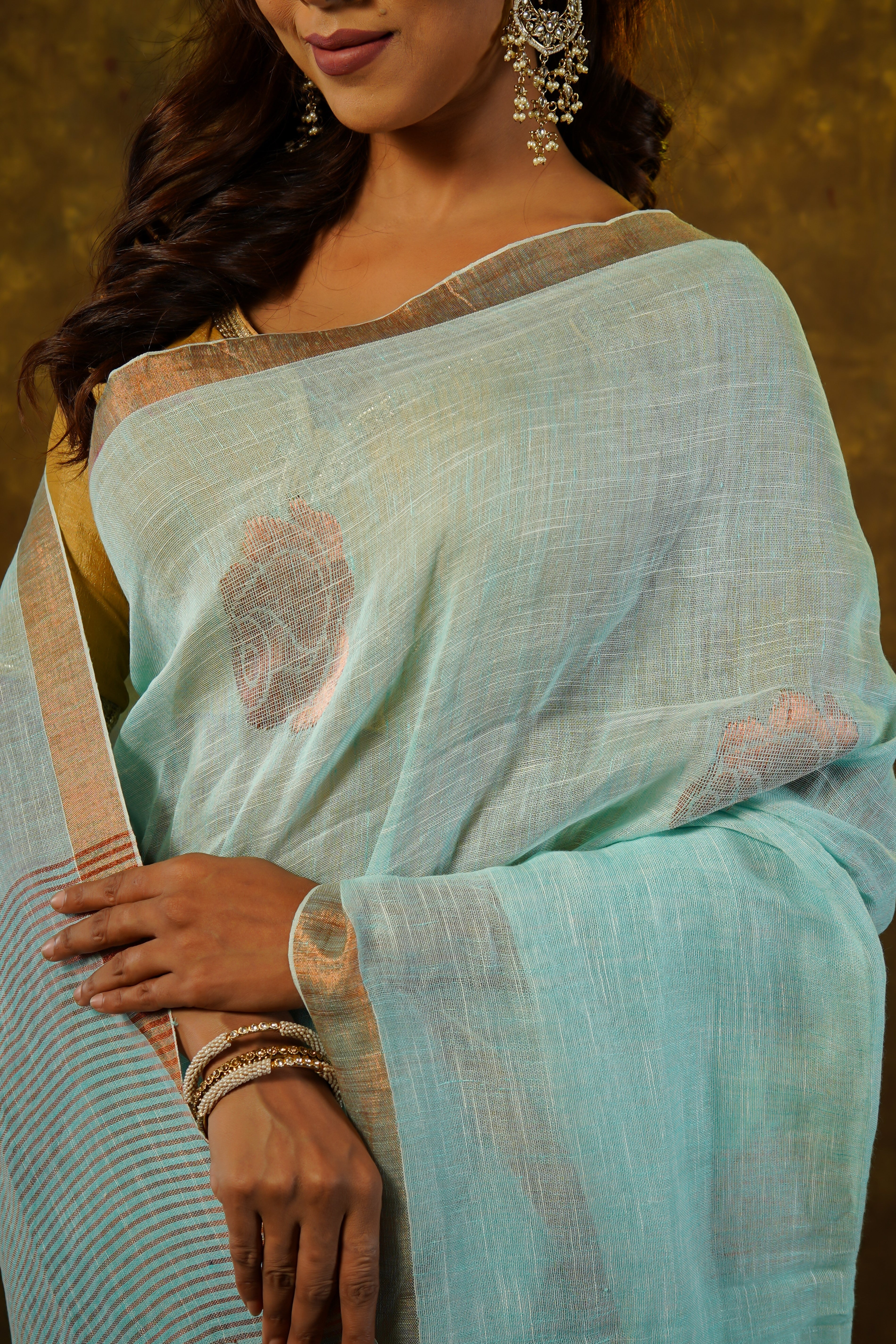 Sky blue Rose motive pure linen hand woven saree