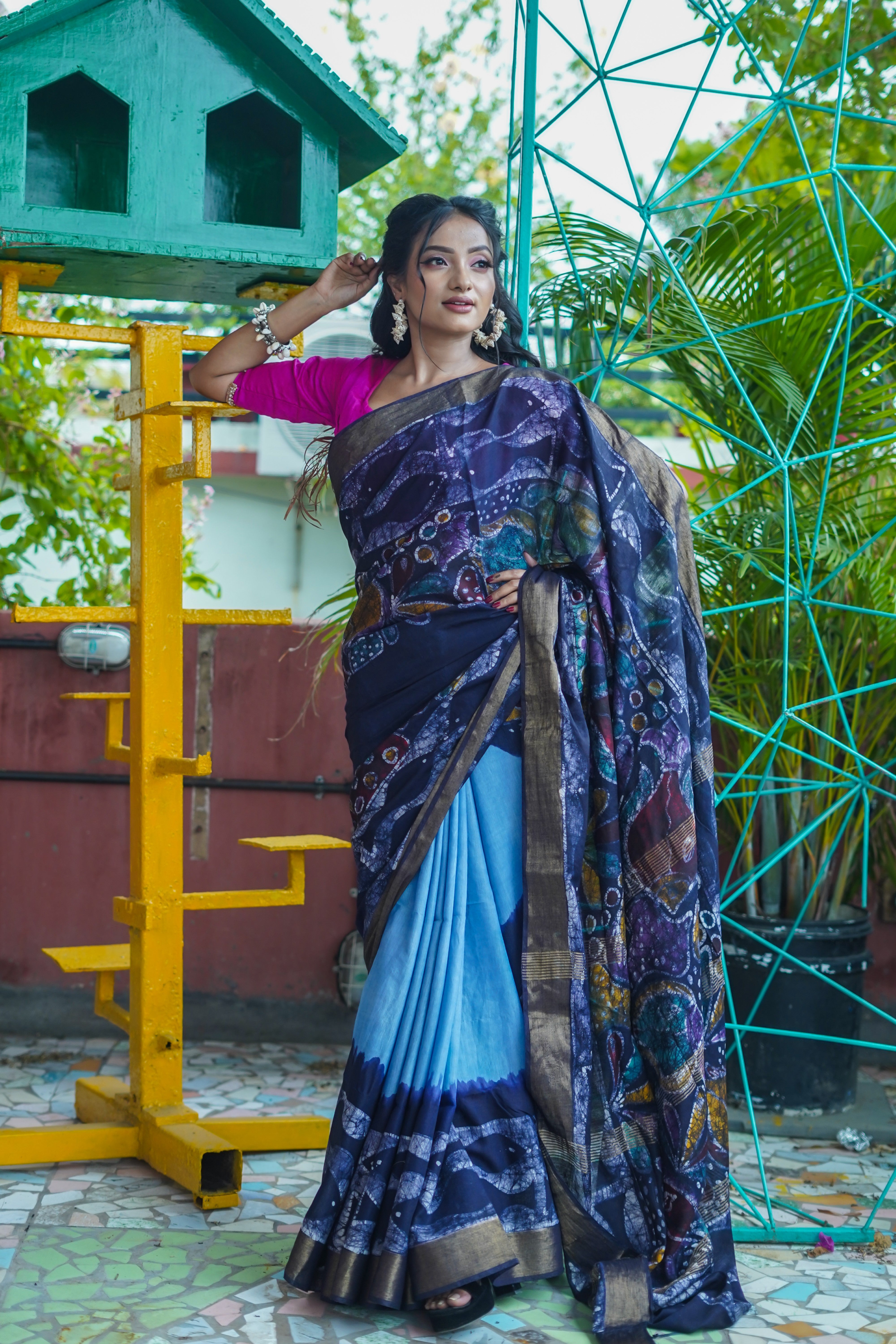 Sky Blue Hand Block Pure Chanderi Silk Saree