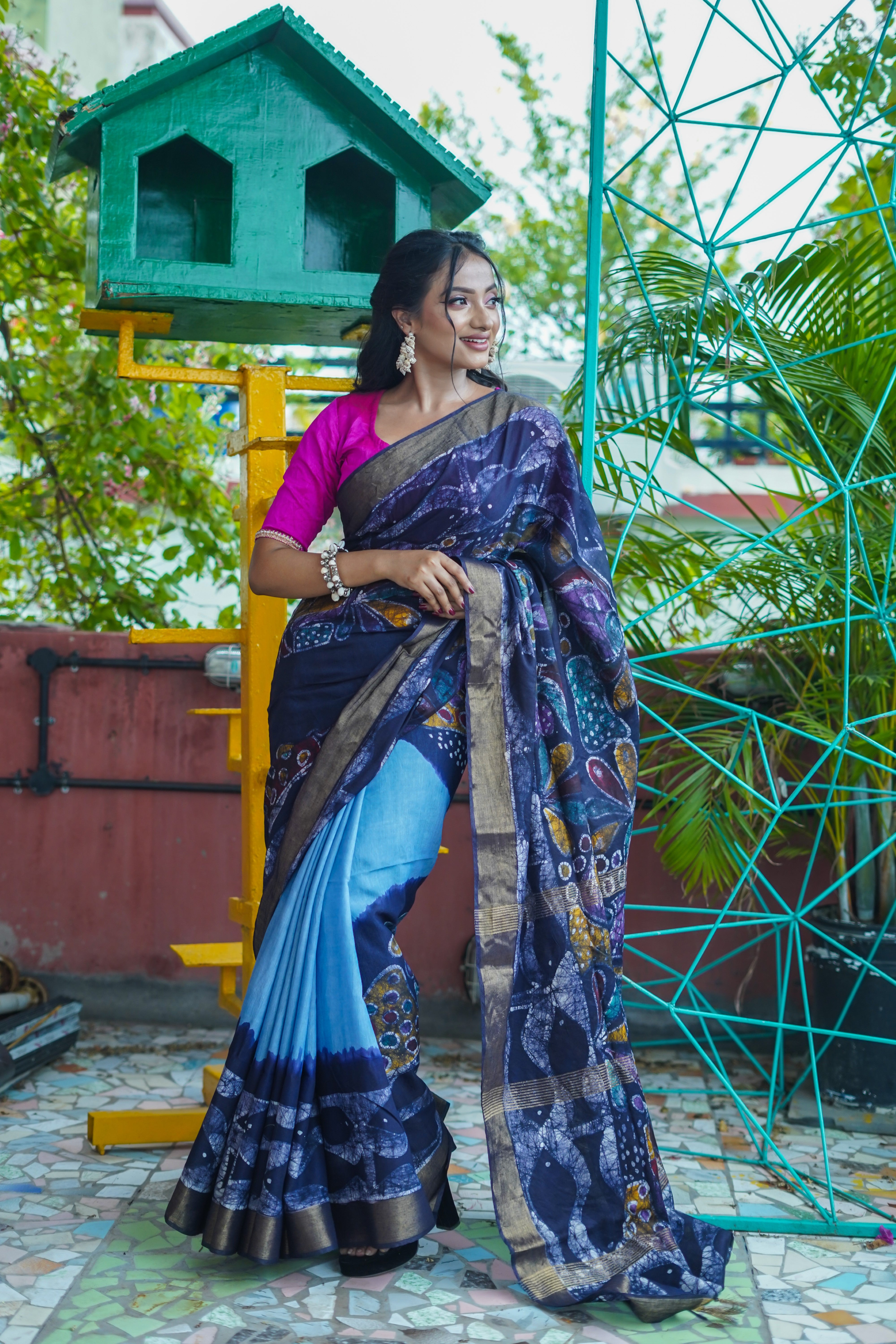 Sky Blue Hand Block Pure Chanderi Silk Saree