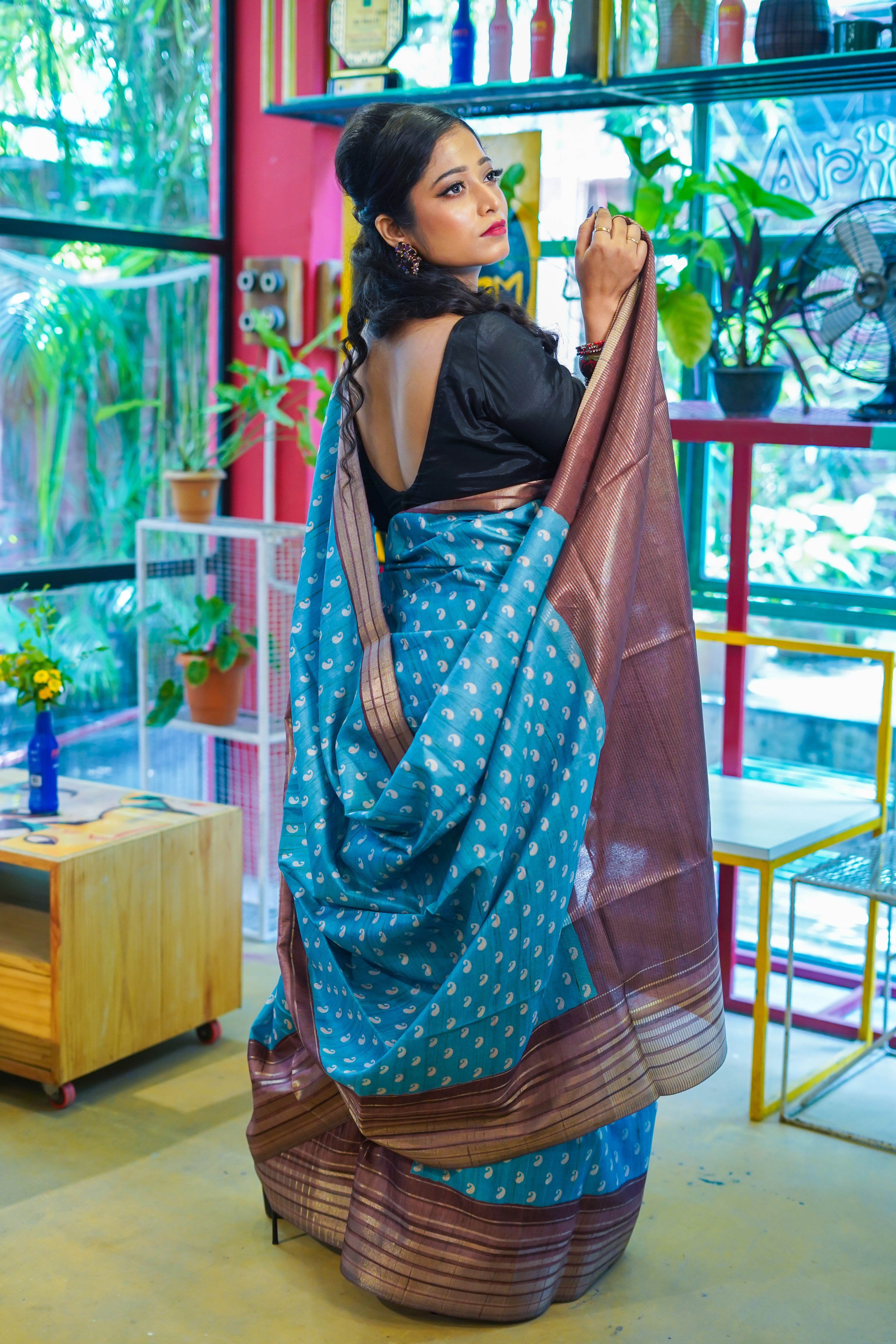 Sky blue kolka printed Semi Tussar silk saree