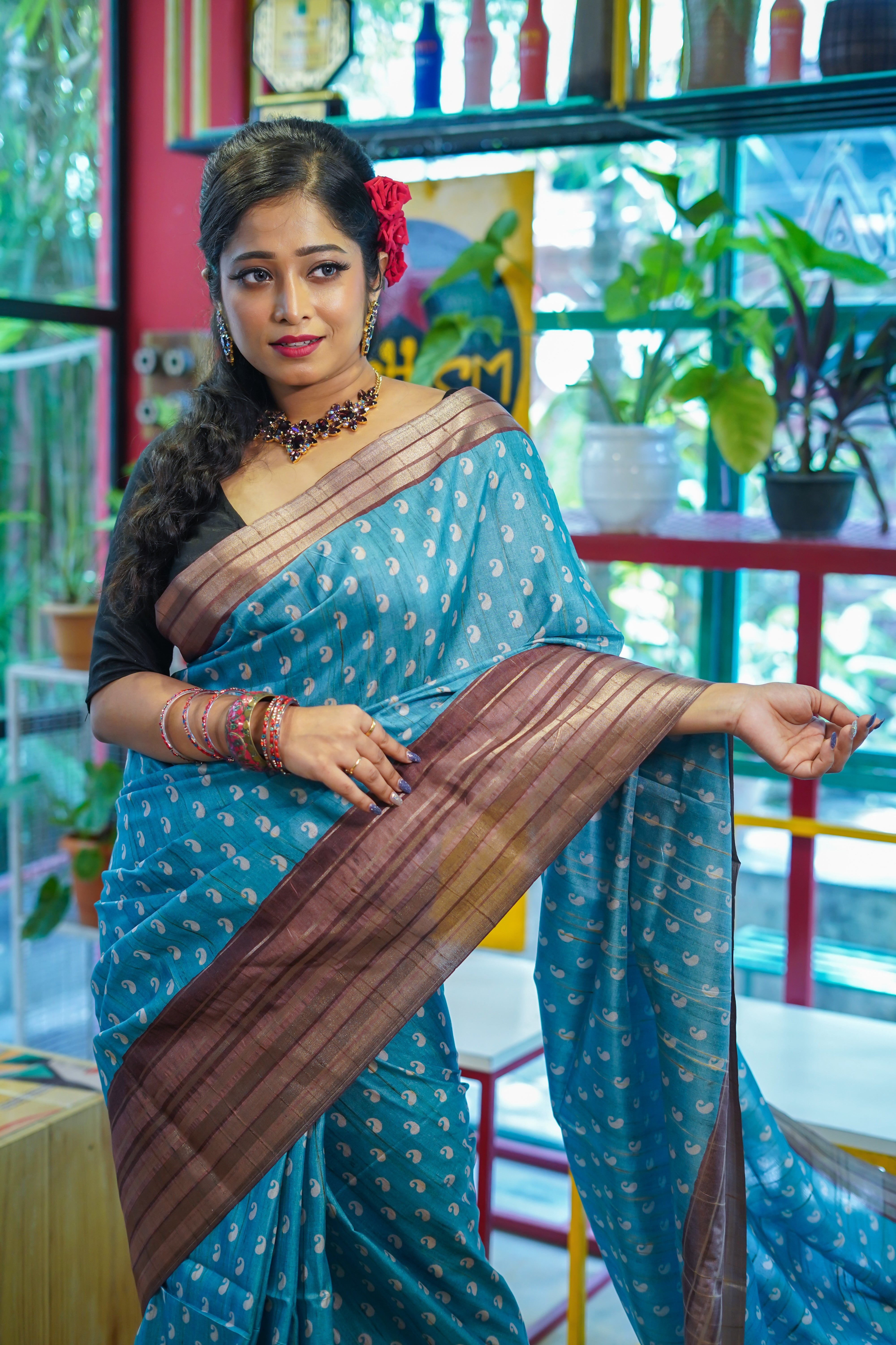 Sky blue kolka printed Semi Tussar silk saree