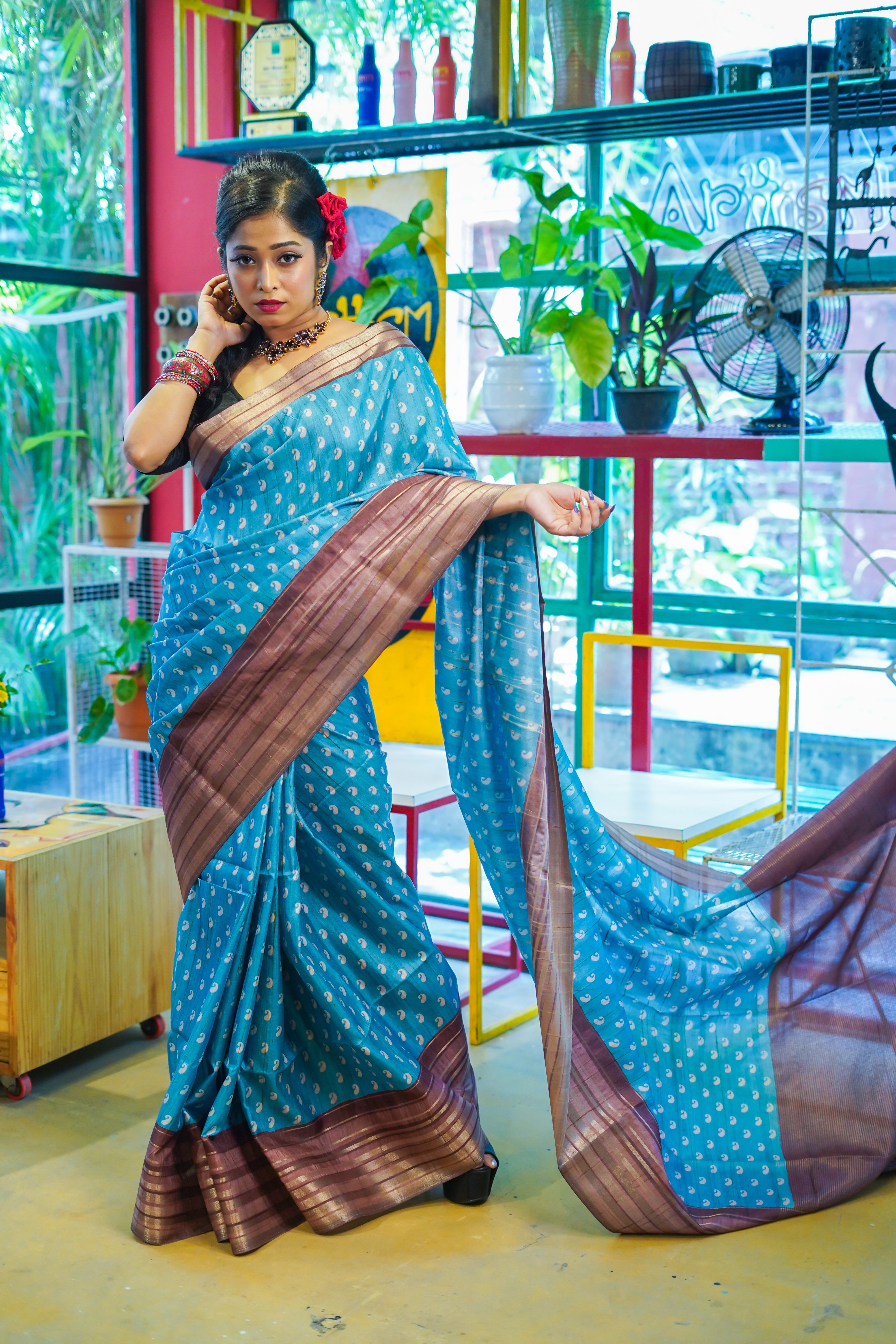 Sky blue kolka printed Semi Tussar silk saree