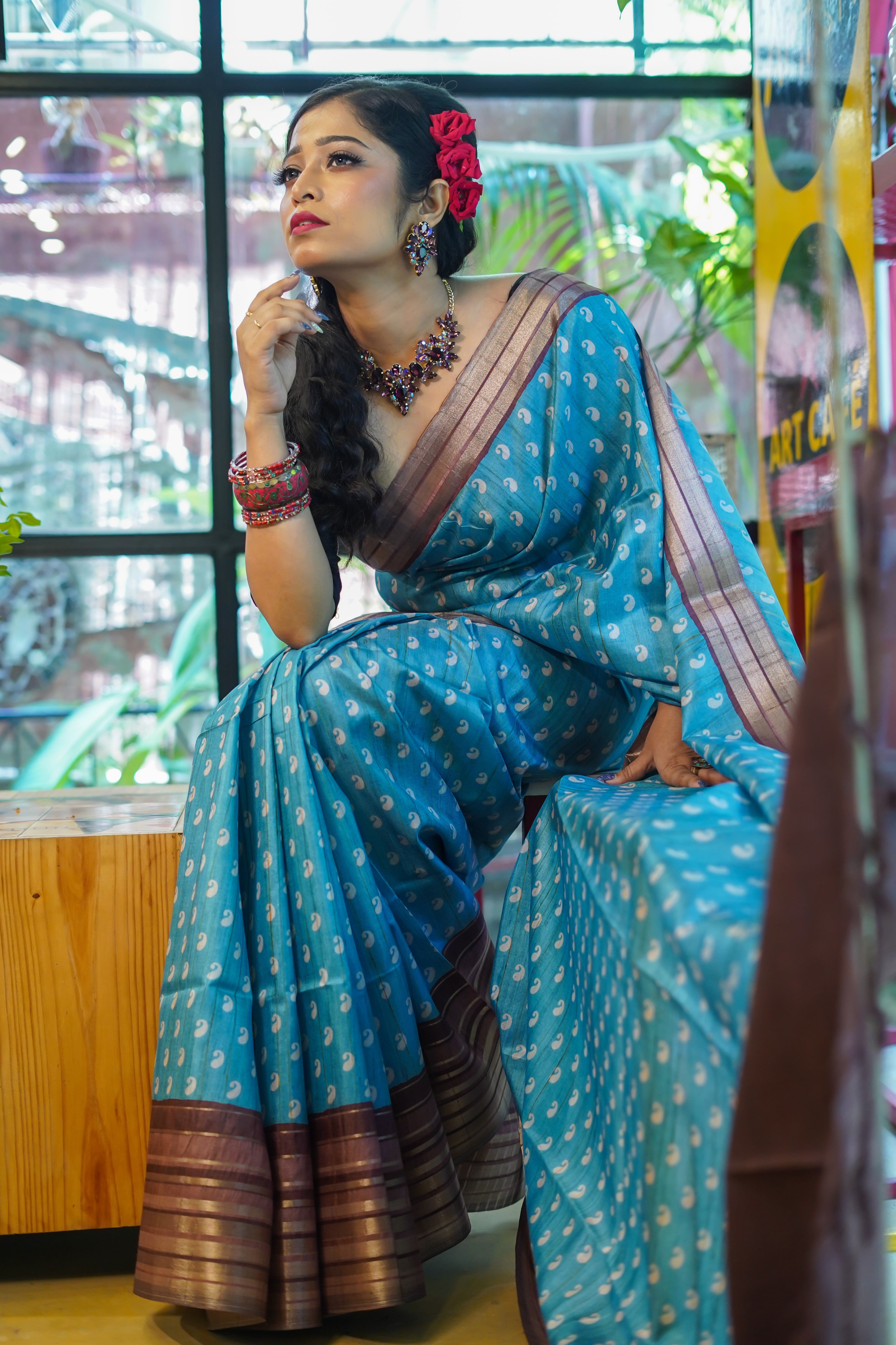 Sky blue kolka printed Semi Tussar silk saree