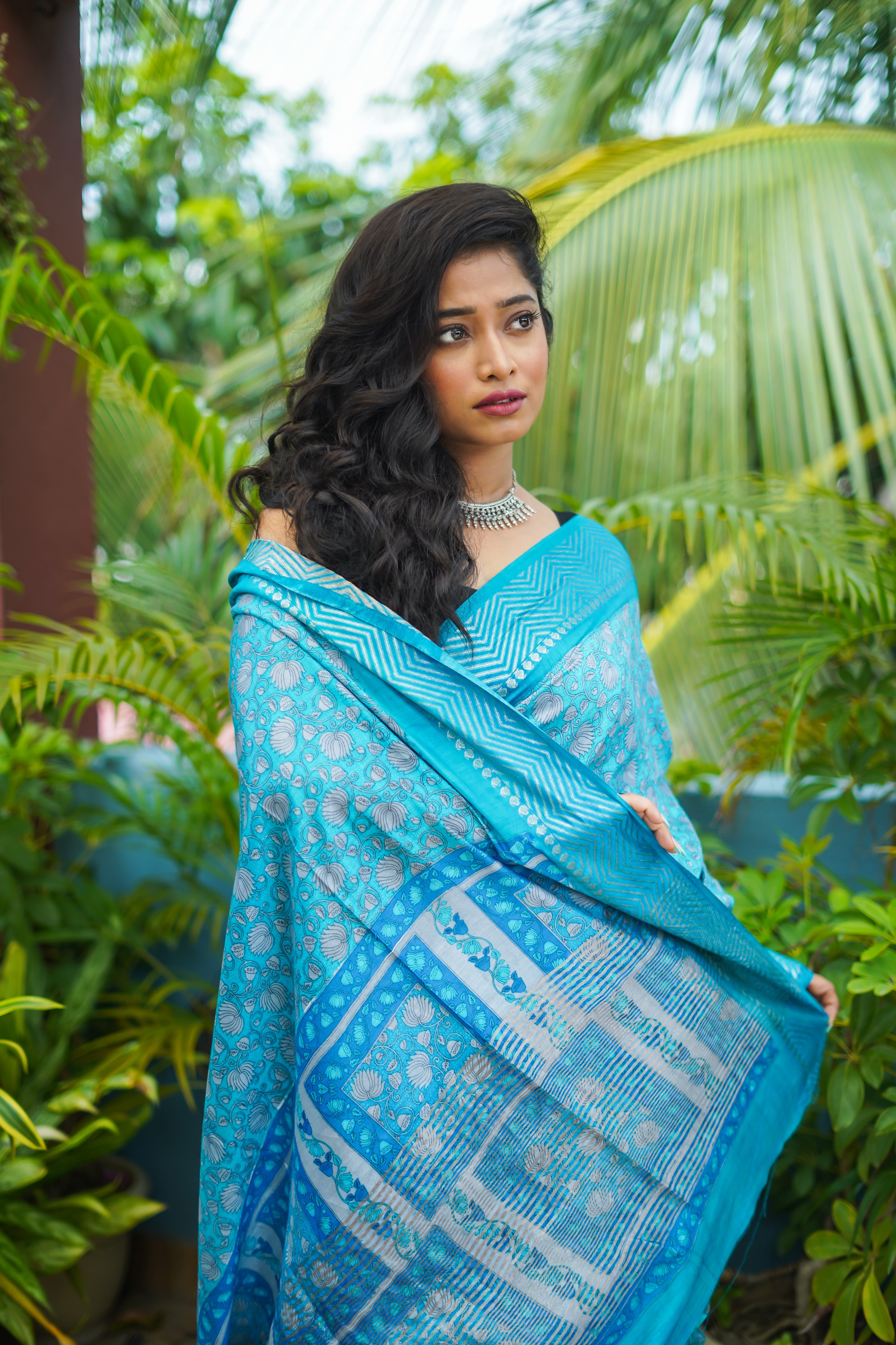 Sky Blue Pure Maheswari Silk Hand Block Saree