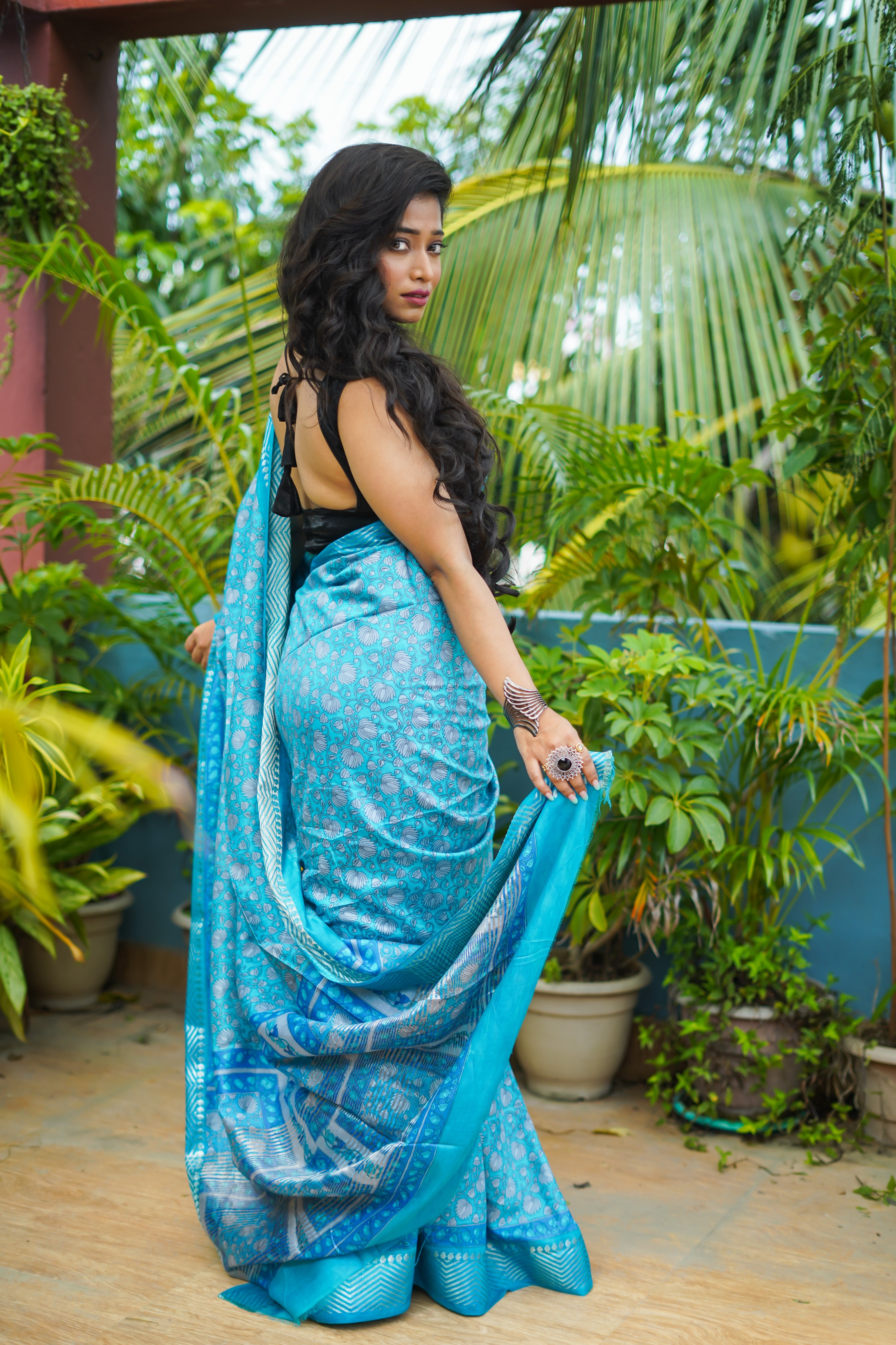 Sky Blue Pure Maheswari Silk Hand Block Saree