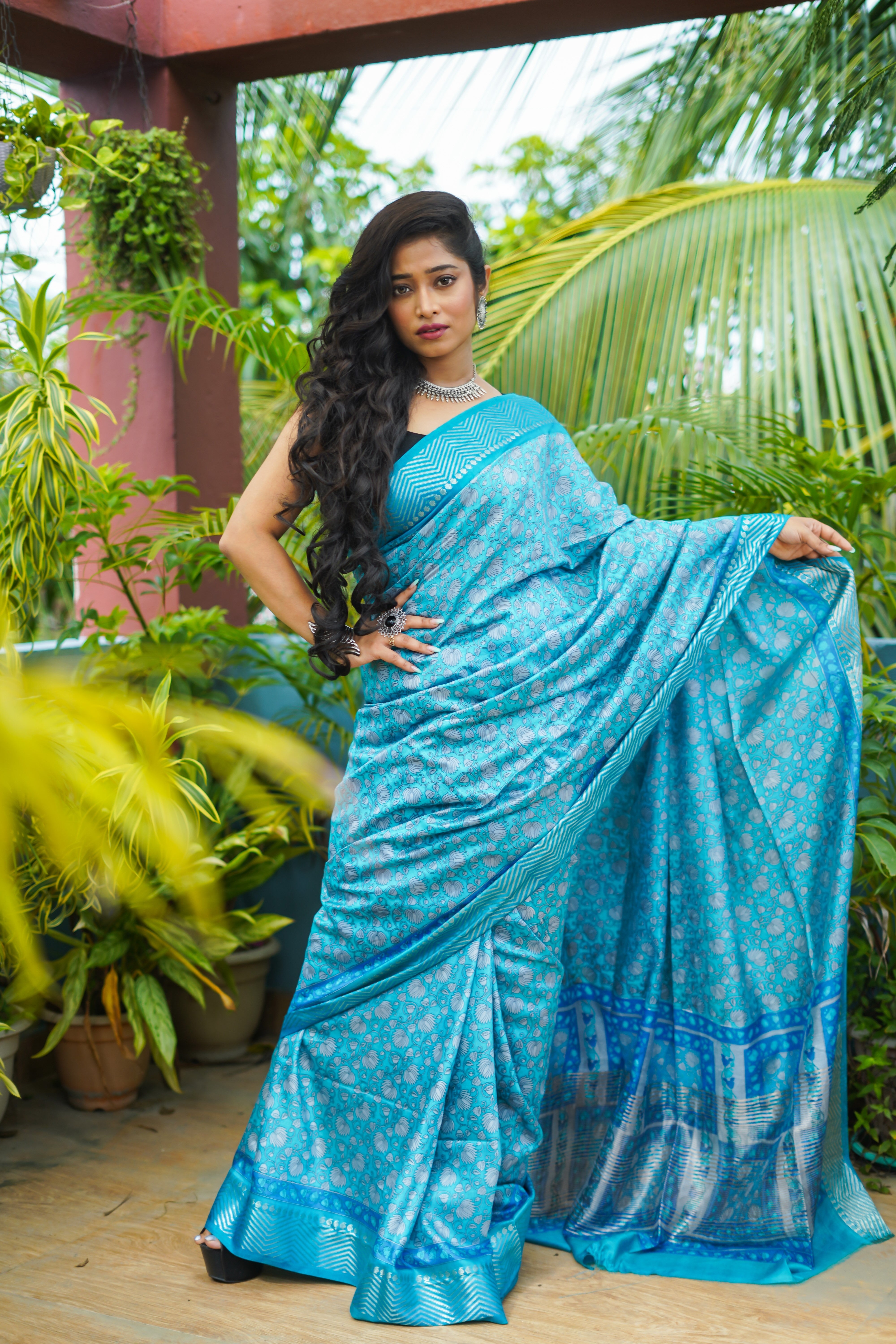 Sky Blue Pure Maheswari Silk Hand Block Saree