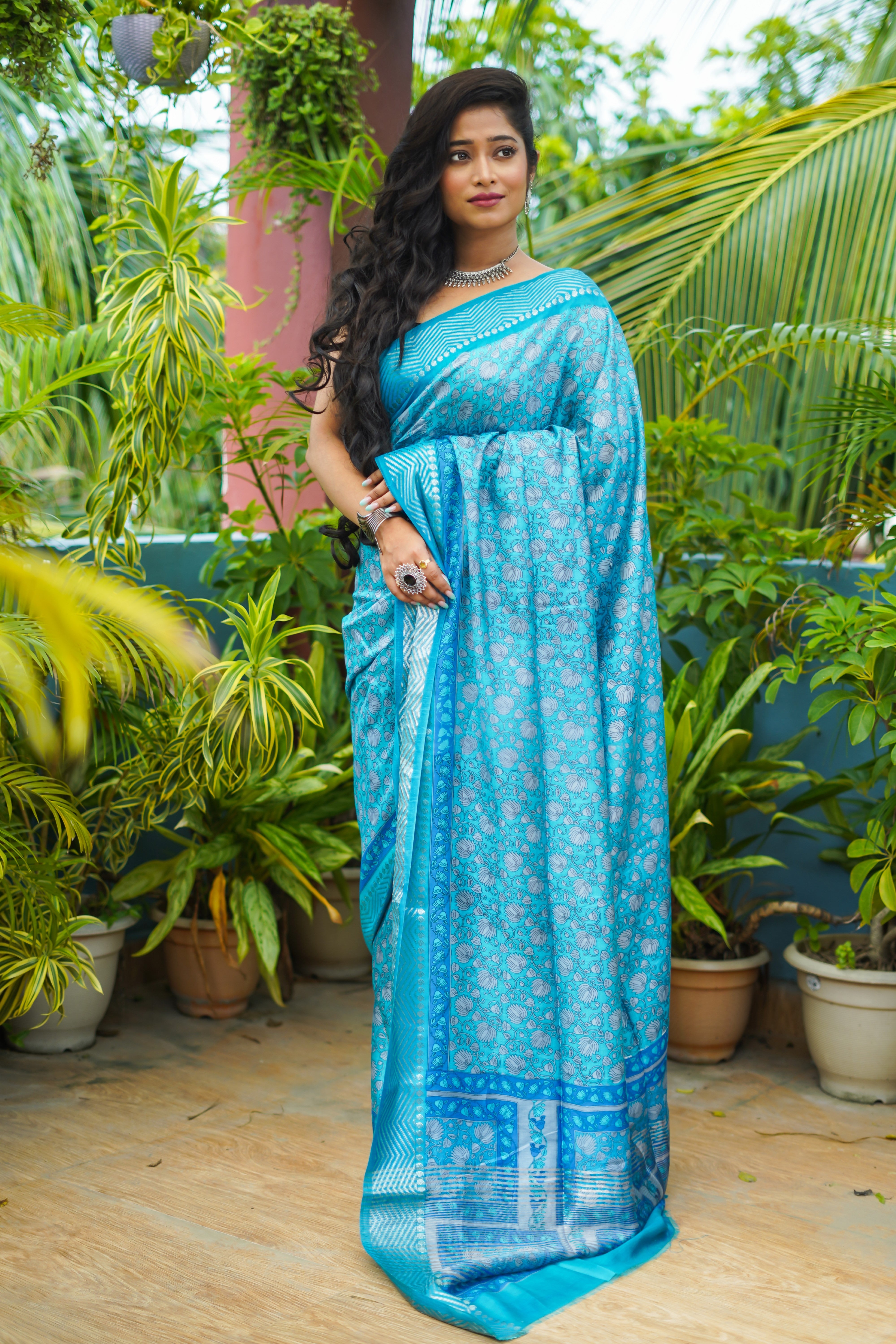 Sky Blue Pure Maheswari Silk Hand Block Saree